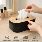 Plastic Tissue Dispenser with Wooden Grain (Black, 21.5x13x7.5 cm)