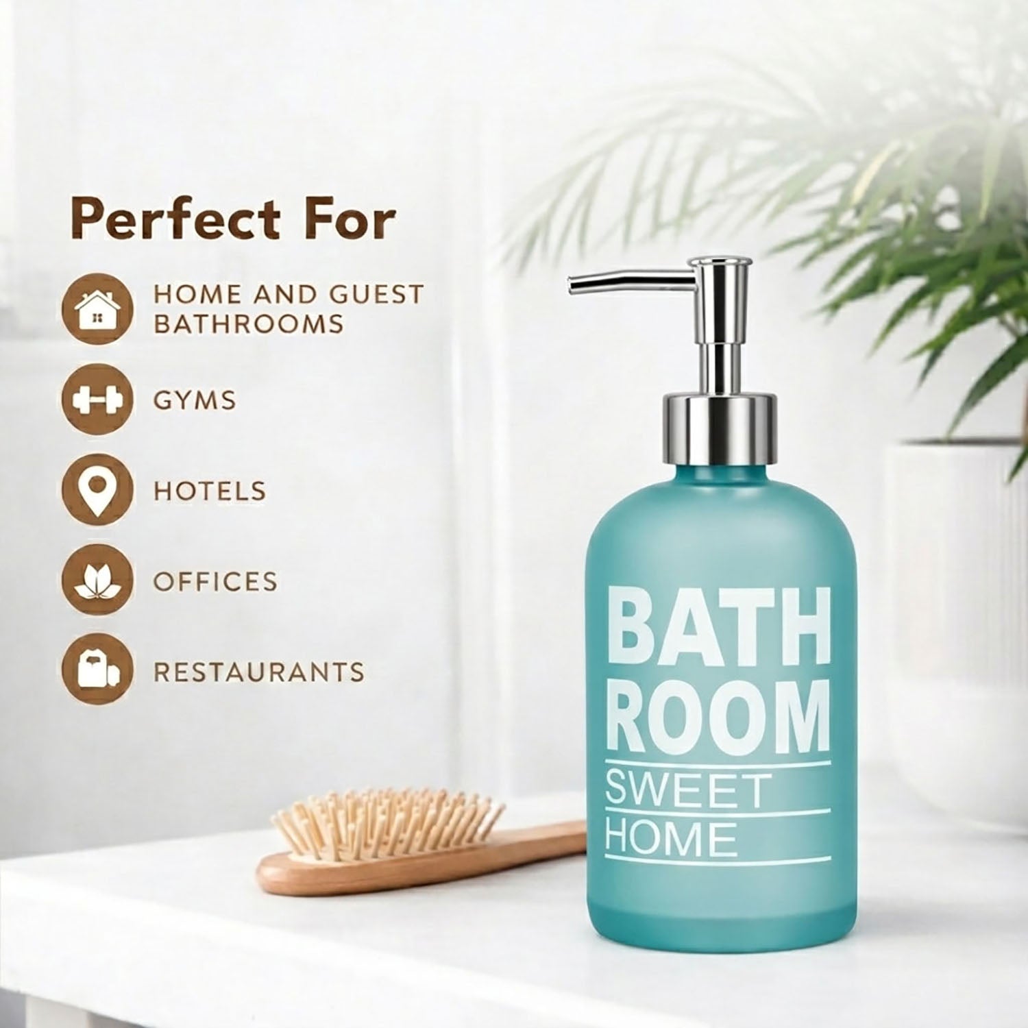 Bathroom Sweet Home Print Glass Soap Dispenser For Bathroom And Kitchen Sink ( 19.5x7.5 cm Aqua )