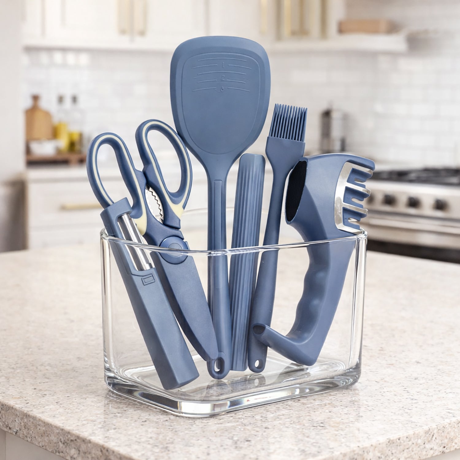 Kitchen Tool Set Plastic Non-Stick Cooking Utensils For Kitchen ( Dark Blue Solid Pack Of 6 )