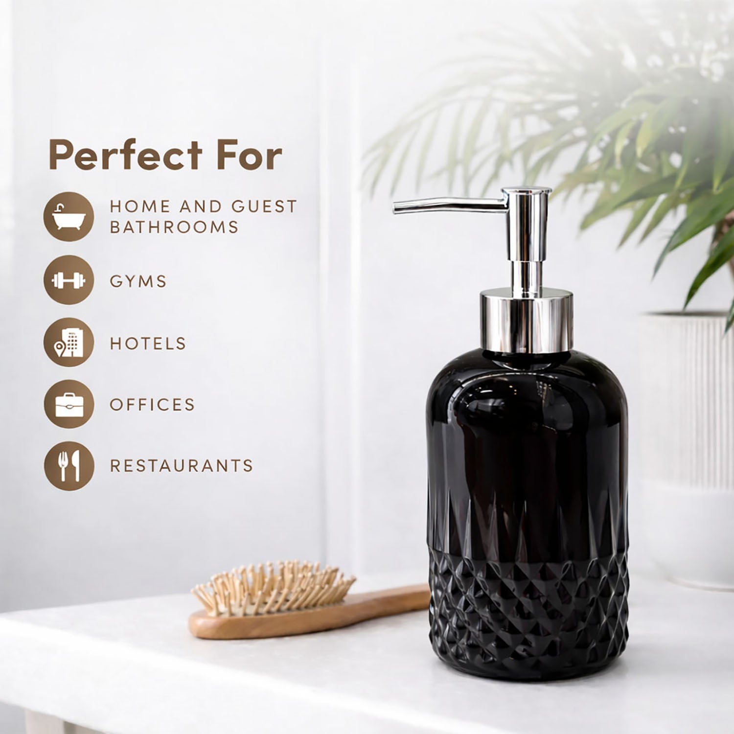Diamond Cut Pattern Glass Soap Dispenser For Bathroom And Kitchen Sink ( 19.5x8 cm Black )