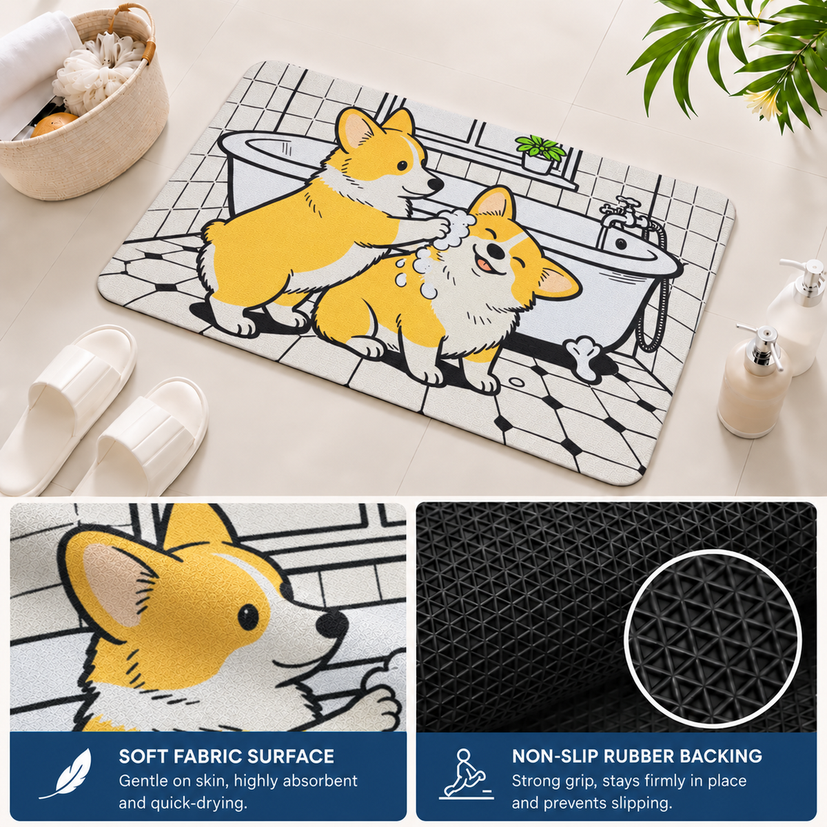 Rubber Bath Mat Anti Slip Quick Drying Soft Corgi Spa ( White & Yellow, 40x60 cm )