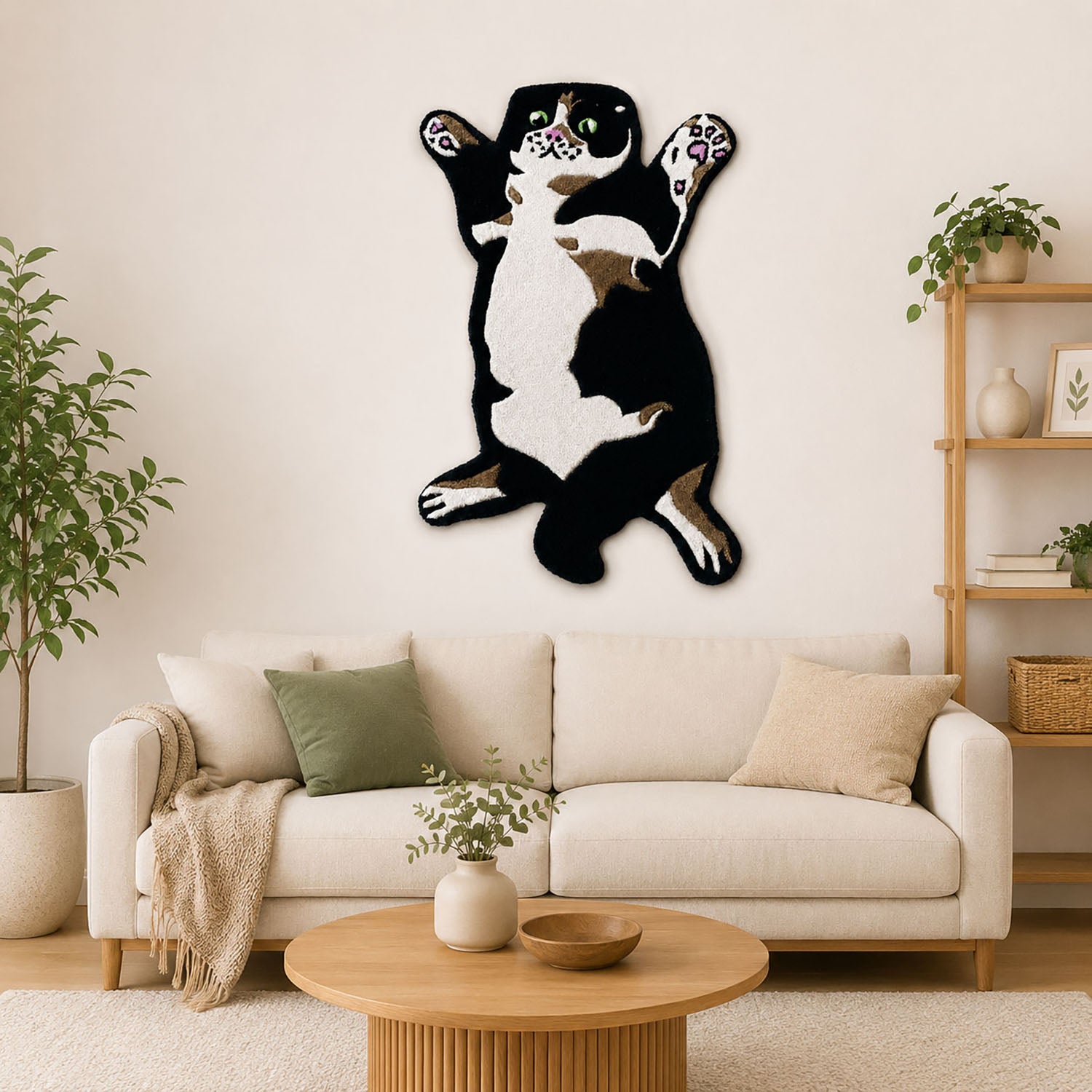 Cat-Shaped Tufted Wool Rug Premium Unique Floor Mat for Living Room Bedroom & Wall Decor (99x66 cm, Black )