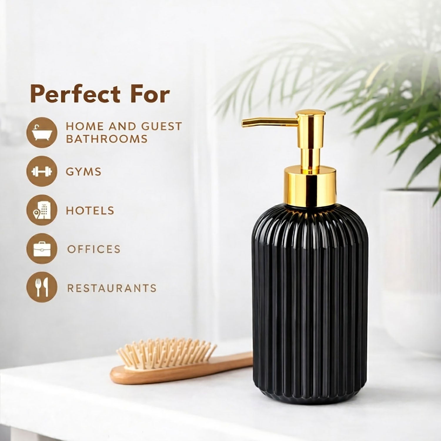 Vertical Ribber Pattern Glass Soap Dispenser For Bathroom And Kitchen Sink ( 19.5x7.5 cm Black )