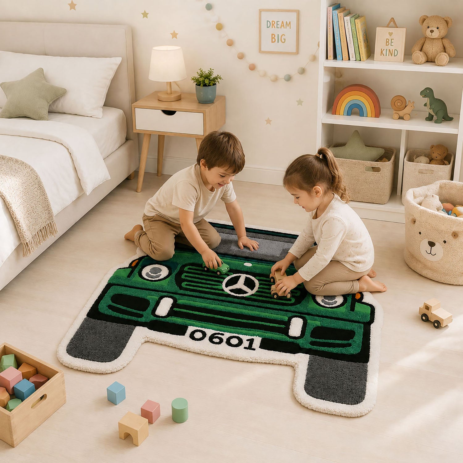 Car Shaped Tufted Wool Rug Floor Mat For Kids ( 63x68 cm , Green )