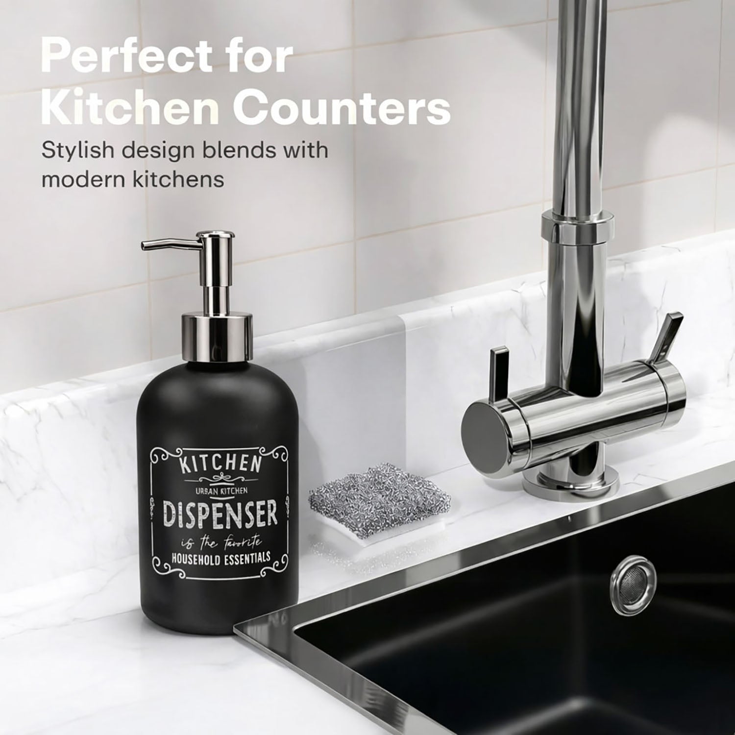 Kitchen Dispenser Print Glass Soap Dispenser For Bathroom And Kitchen Sink Leak ( 19.5x7.5 cm Black )