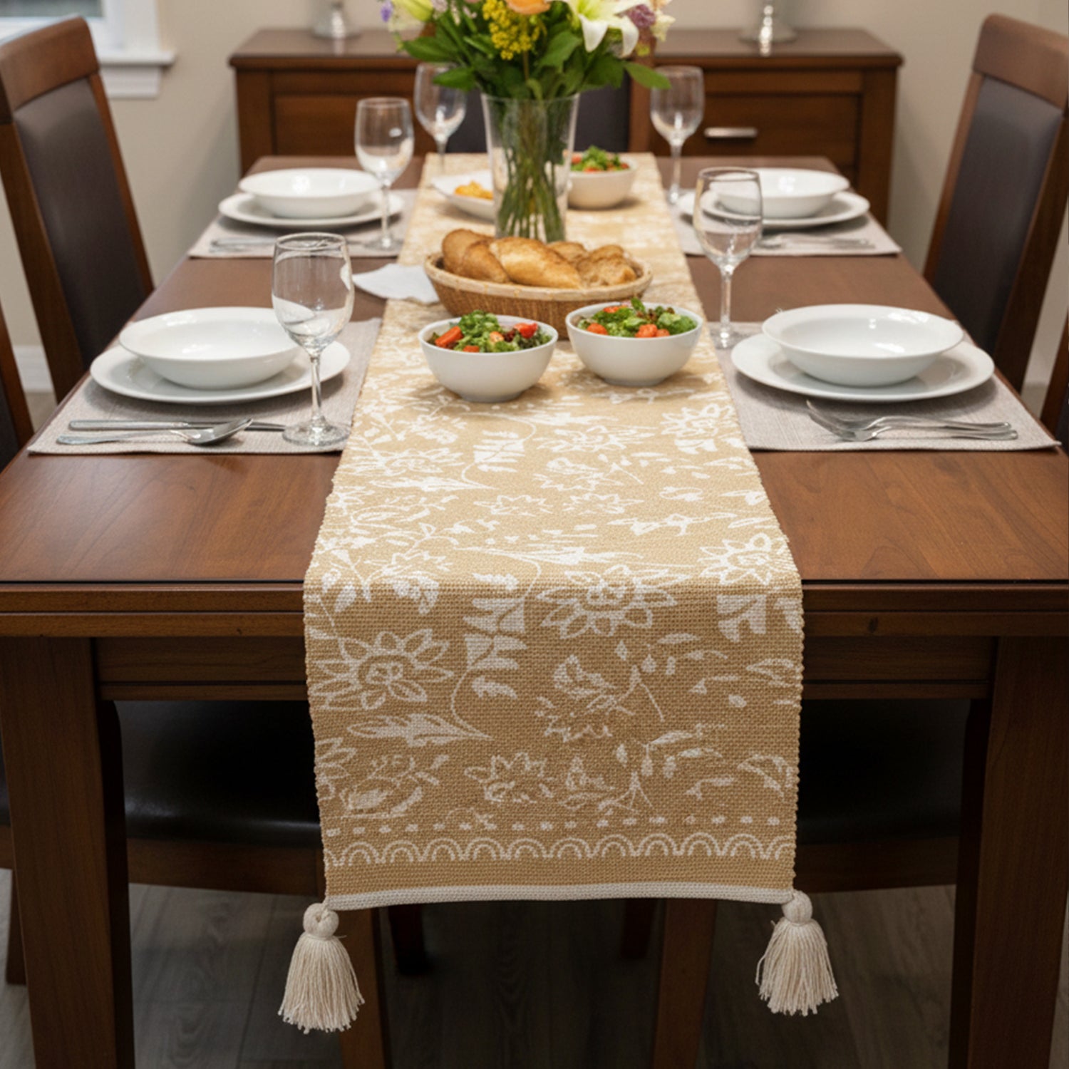 Table Runner with Tassels - Cotton 13.5 x 79.5 Inch, Floral