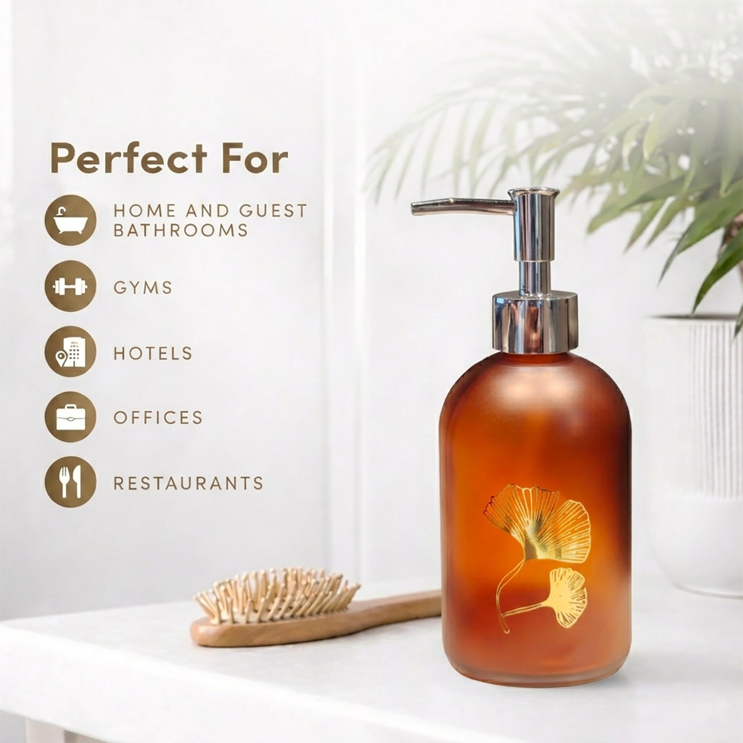 Flower Print Glass Soap Dispenser For Bathroom And Kitchen Sink ( 19.5x7.5 cm Red Brown )