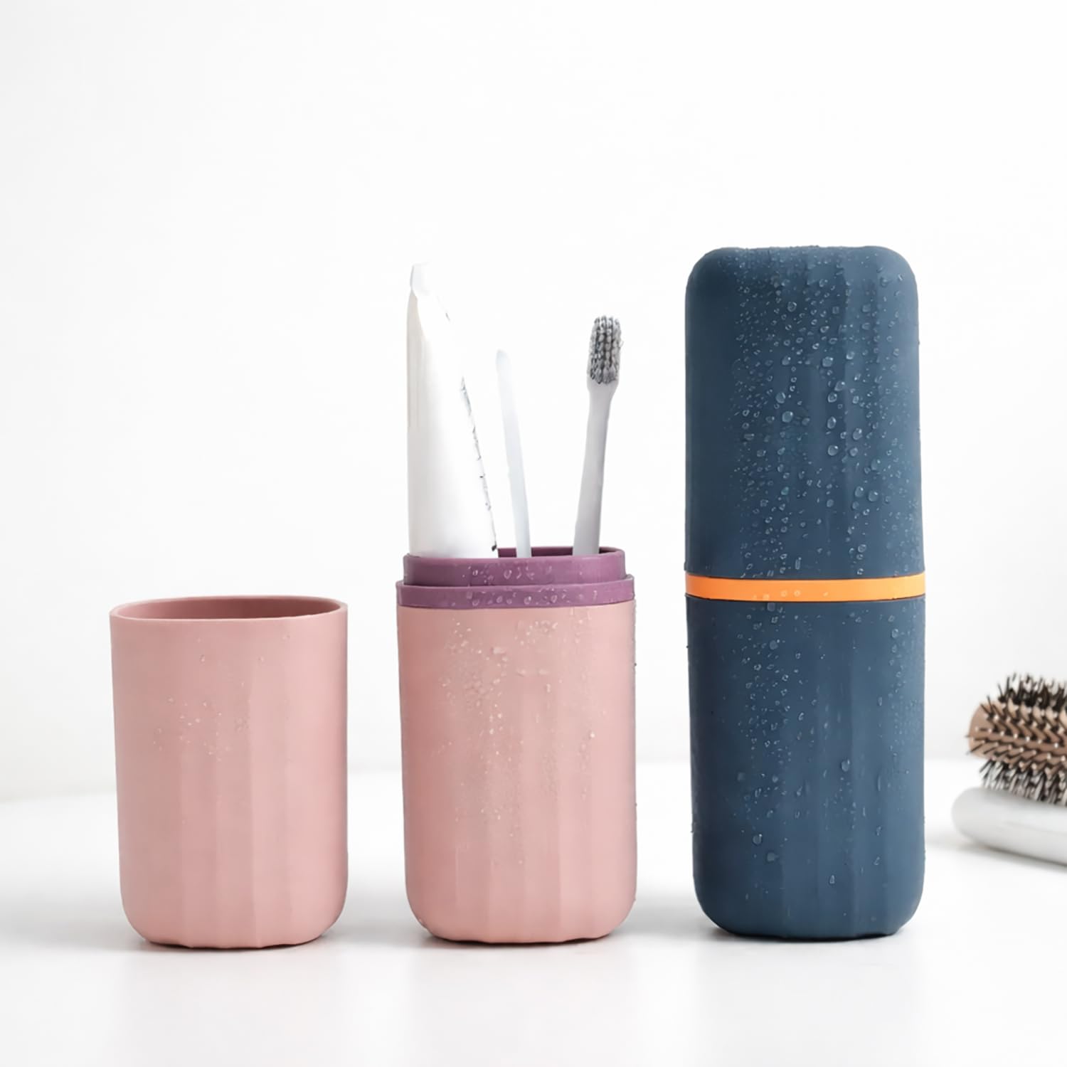 Portable Toothbrush Holder Case Combo ( 7x21 cm, Navy Blue & Peach) Pack of 2