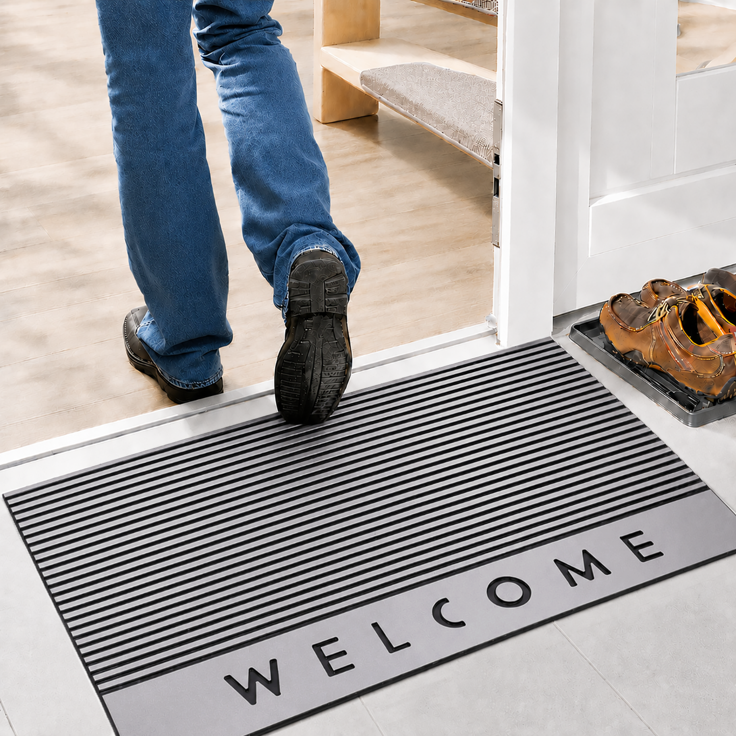 Rubber Door Mat Welcome Textured ( 45x75 cm Silver )