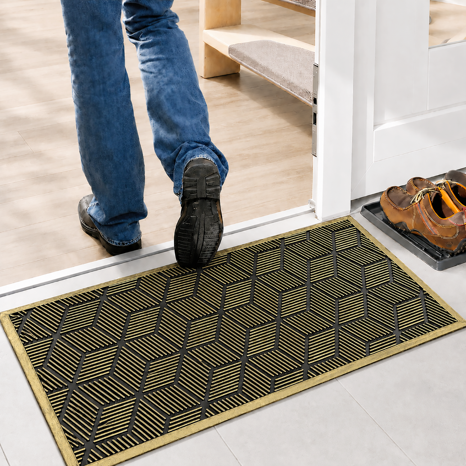 Rubber Door Mat Geometric Textured ( 45x75 cm Golden )