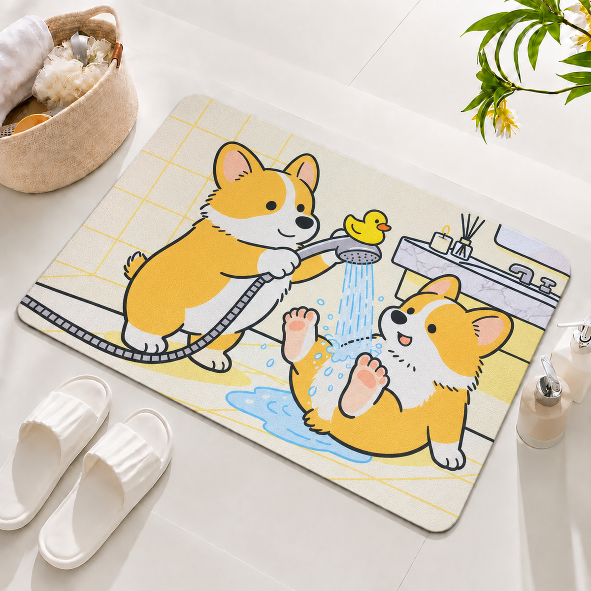 Rubber Bath Mat Anti Slip Quick Drying Soft Corgi Shower ( Yellow & Cream, 40x60 cm )