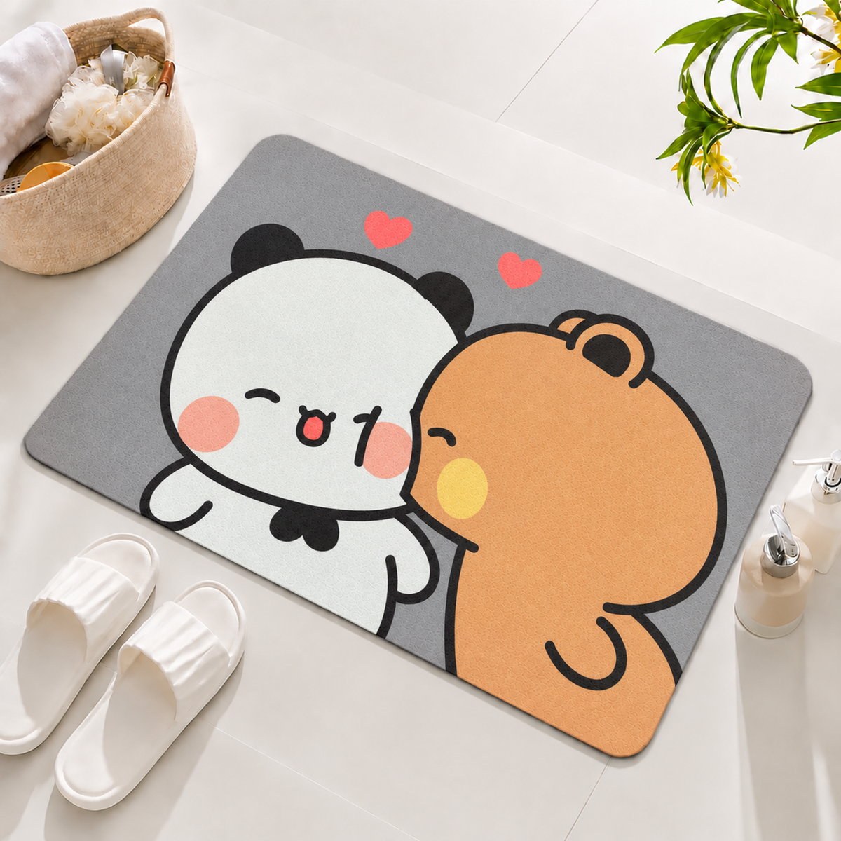 Rubber Bath Mat Anti Slip Quick Drying Soft Panda Bear Love ( Grey, 40x60 cm )