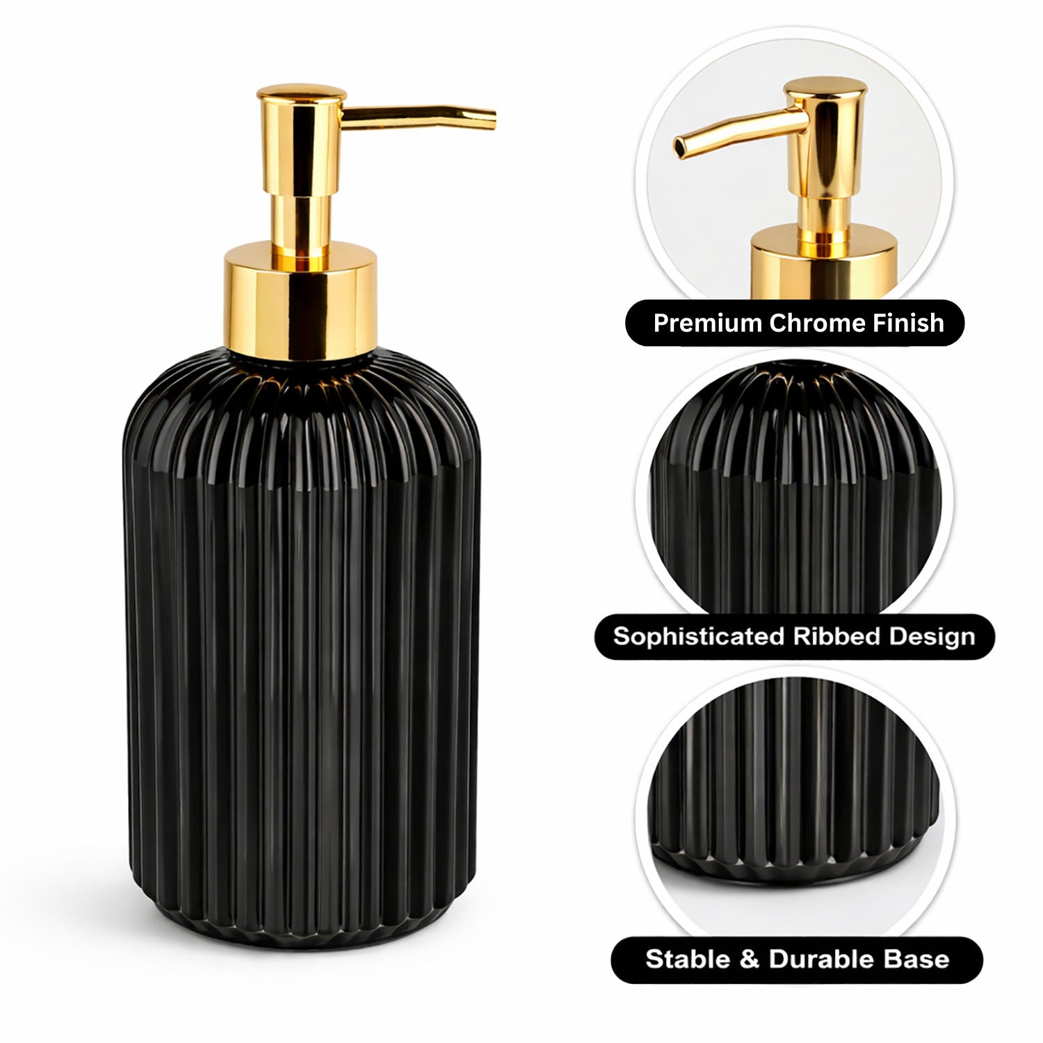 Vertical Ribber Pattern Glass Soap Dispenser For Bathroom And Kitchen Sink ( 19.5x7.5 cm Black )