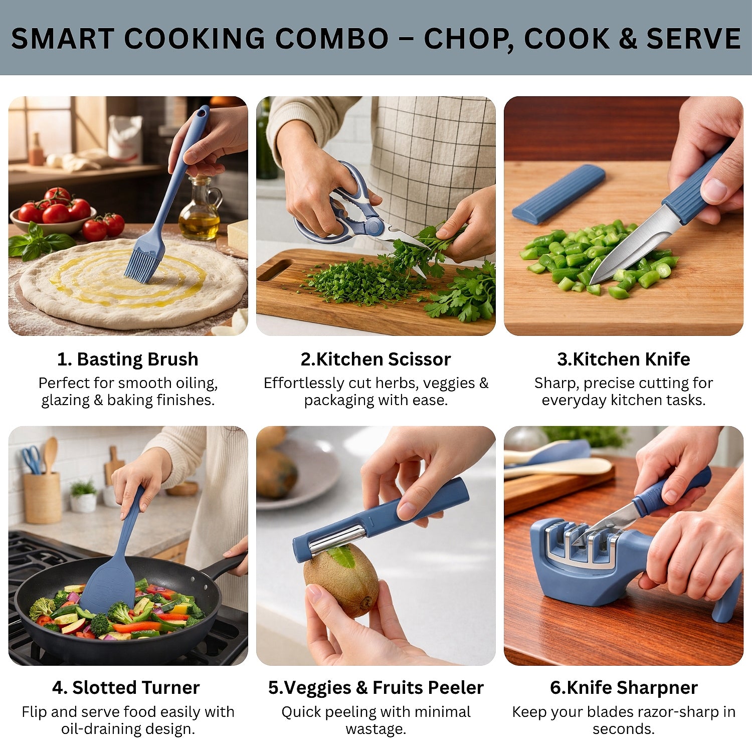 Kitchen Tool Set Plastic Non-Stick Cooking Utensils For Kitchen ( Dark Blue Solid Pack Of 6 )