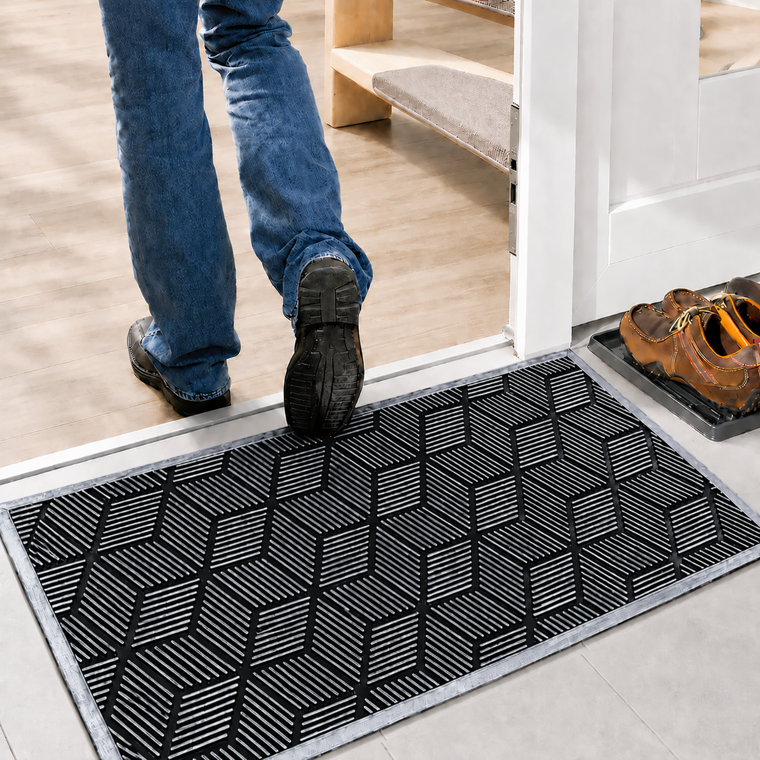Rubber Door Mat Geometric Textured ( 45x75 cm Silver )