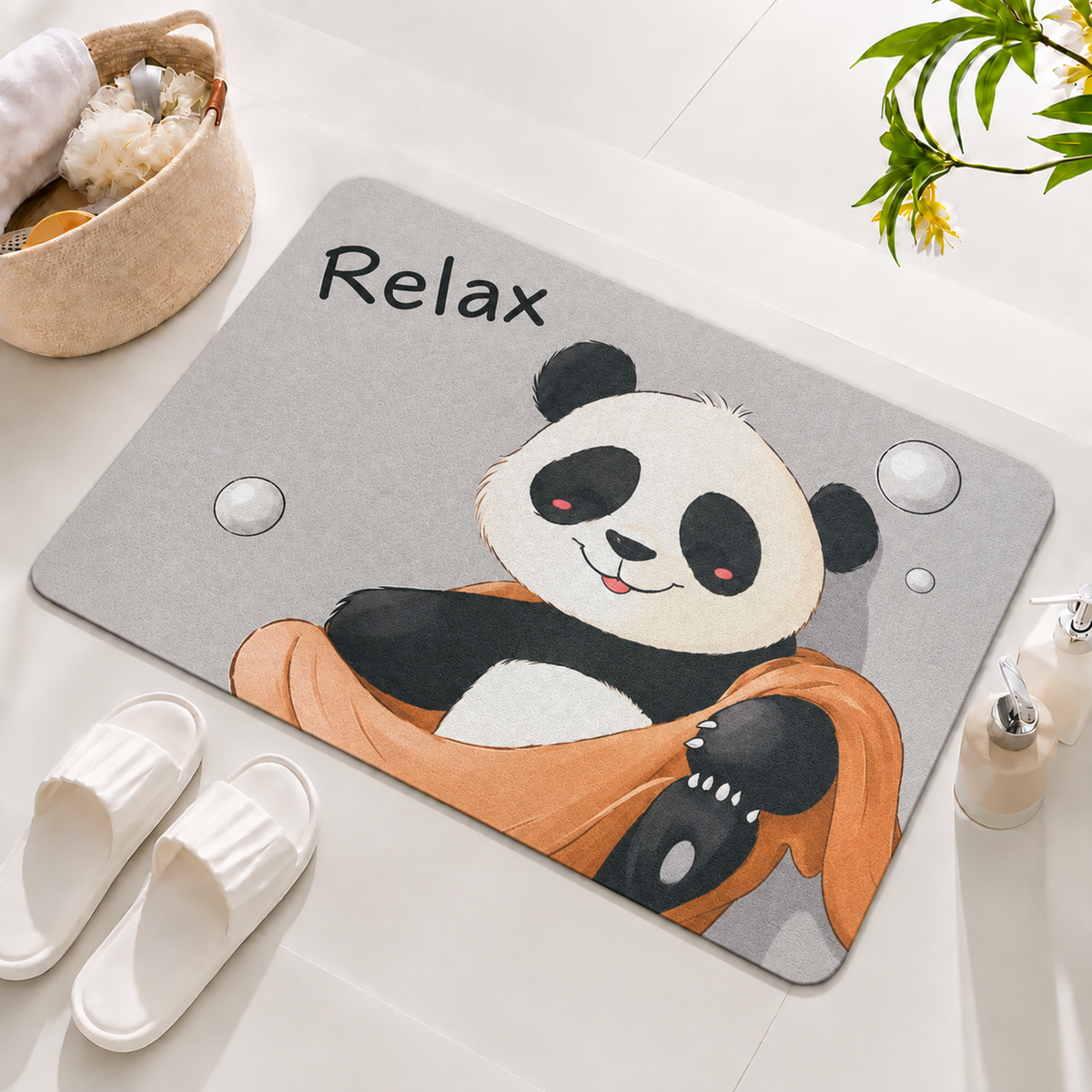 Rubber Bath Mat Anti Slip Quick Drying Soft Relaxing Panda ( Grey, 40x60 cm )