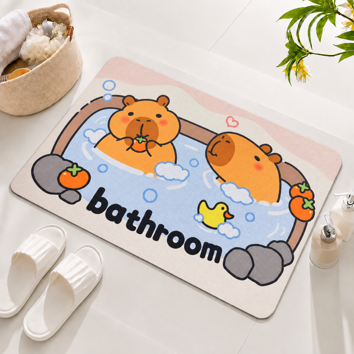 Rubber Bath Mat Anti Slip Quick Drying Soft Capybara ( Blue, 40x60 cm )