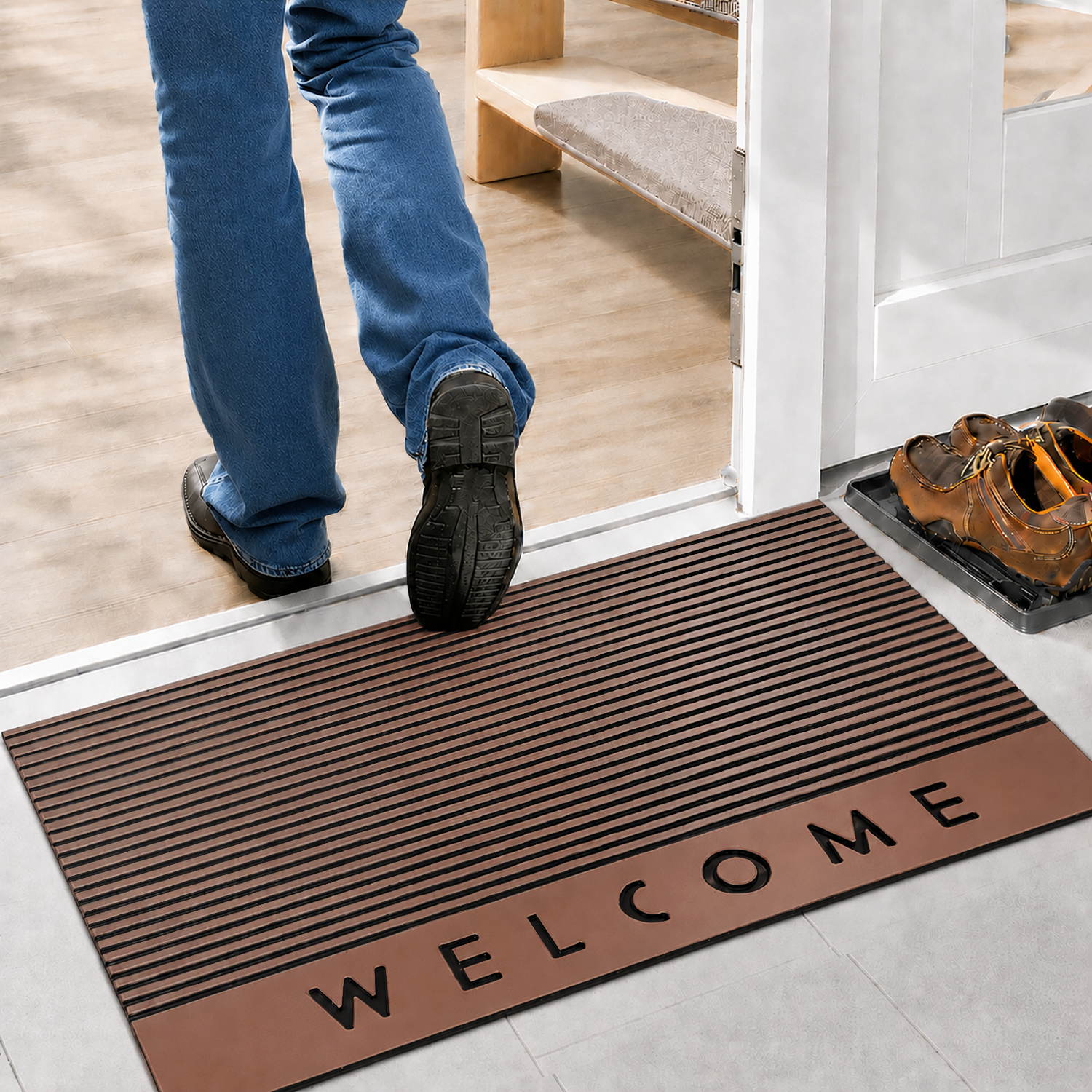 Rubber Door Mat Welcome Textured ( 45x75 cm Brown )