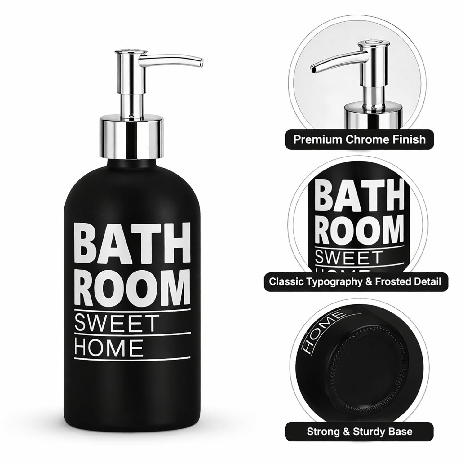 Bathroom Sweet Home Print Glass Soap Dispenser For Bathroom And Kitchen Sink ( 19.5x7.5 cm Black )