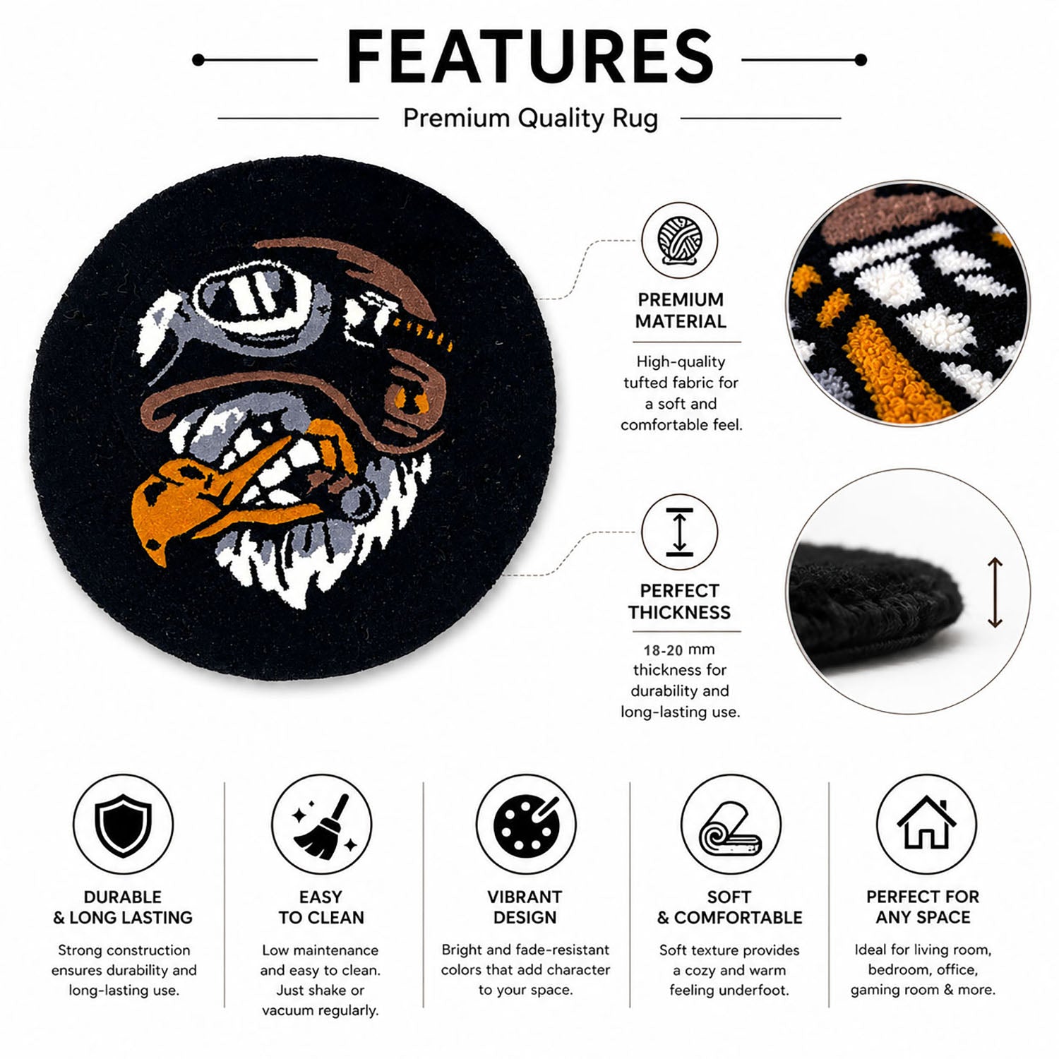 Eagle Wool Rug Tufted Decorative Accent Mat for Wall Hanging and Room Decor (24x24 cm, Black )