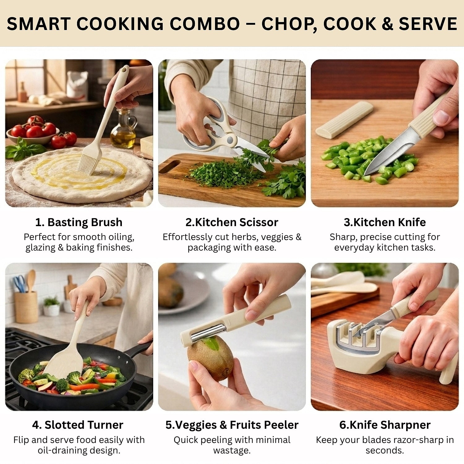 Kitchen Tool Set Plastic Non-Stick Cooking Utensils For Kitchen ( Cream Solid Pack Of 6)