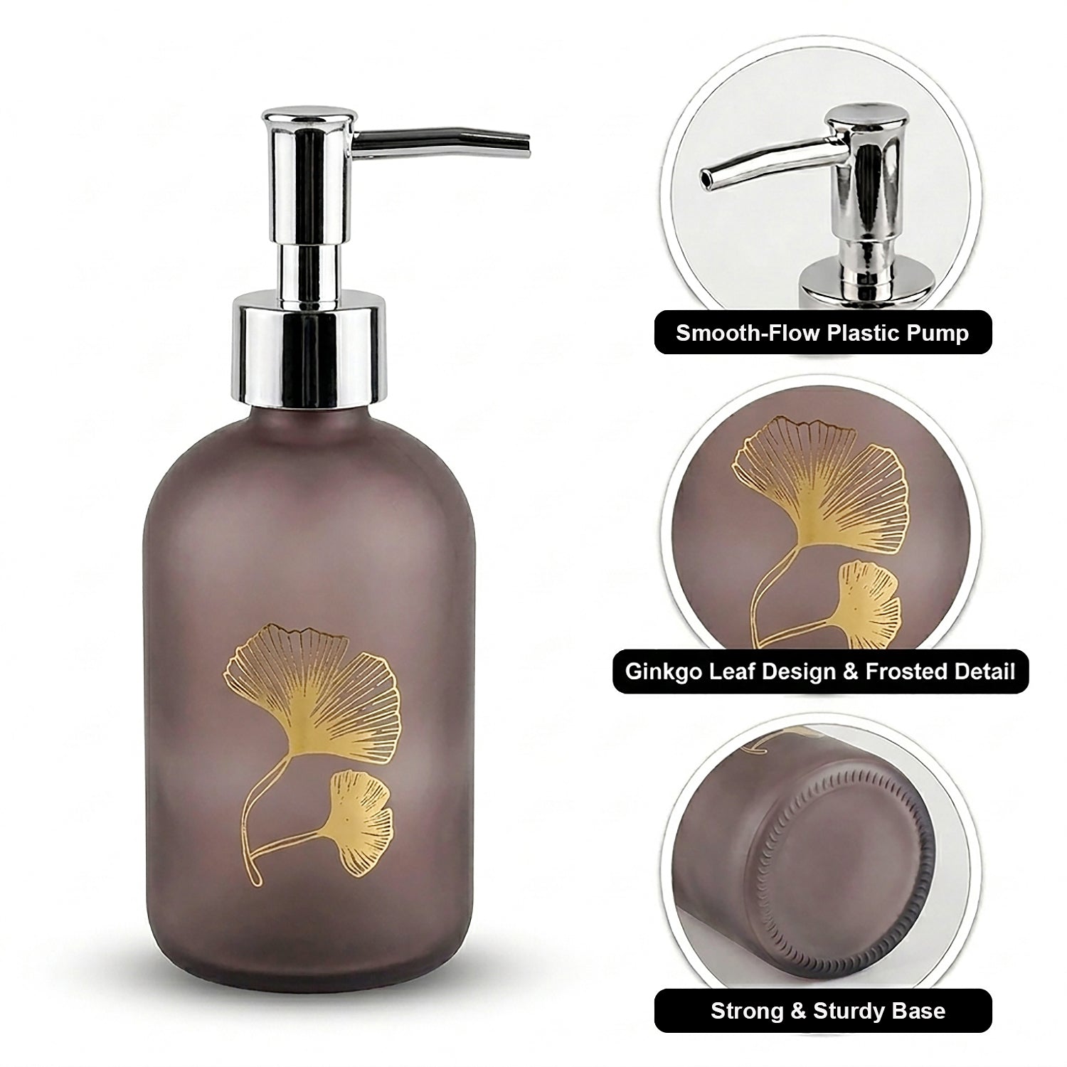 Flower Print Glass Soap Dispenser For Bathroom And Kitchen Sink ( 19.5x7.5 cm Brown )