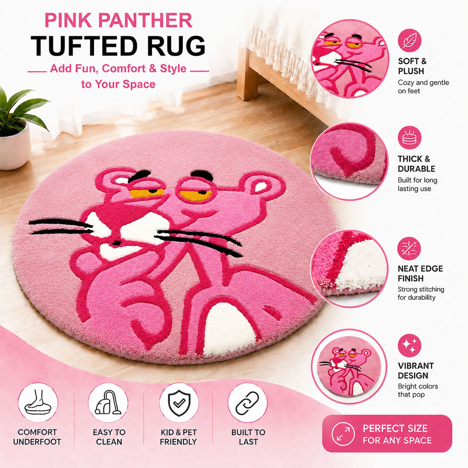 Premium Wool Tufted Rug Cartoon Character Unique Design Floor Mat For Kids Room Bedroom Home Decor High Warmth All Season (61x61 cm, Pink, Pack of 1)