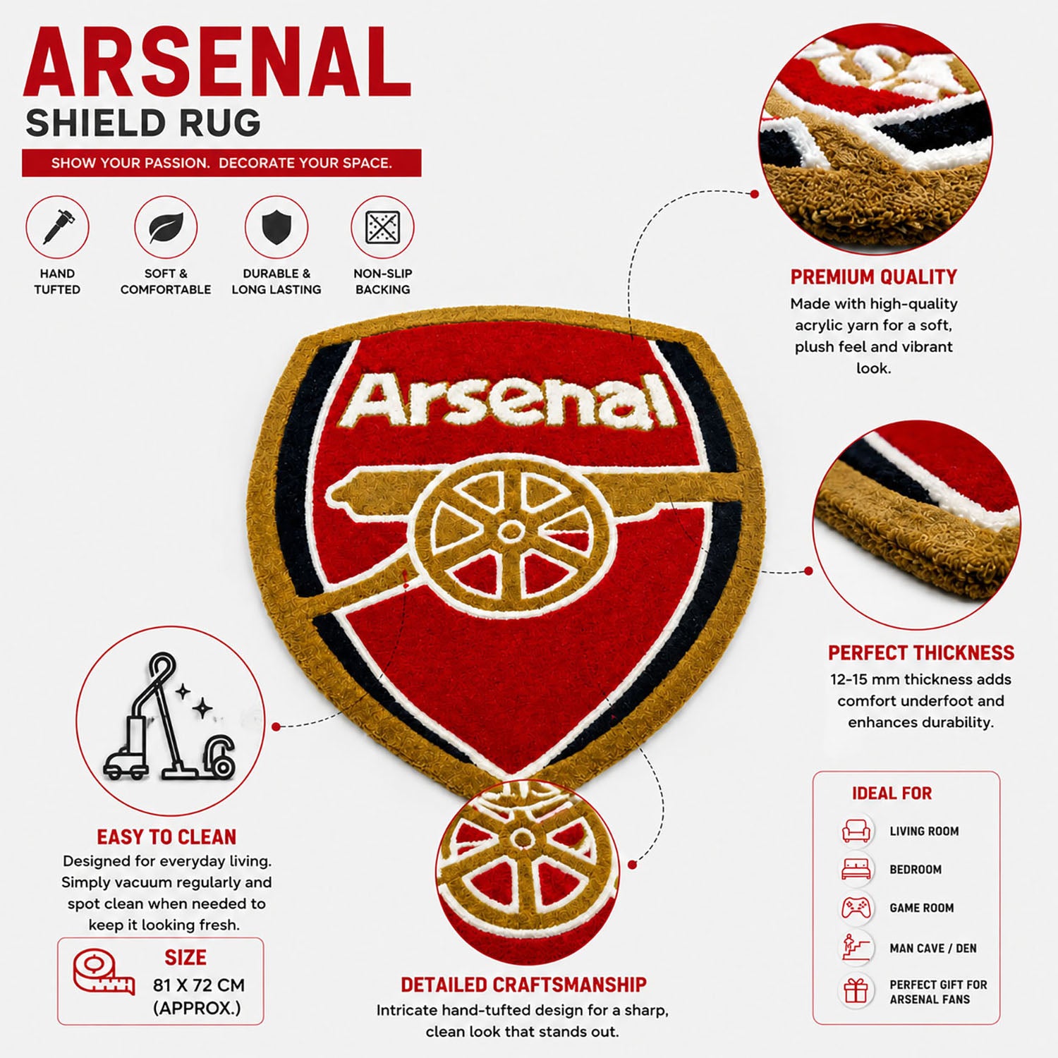 Arsenal Wool Tufted Floor Mat  (81x72 cm, Red Gold White Black )