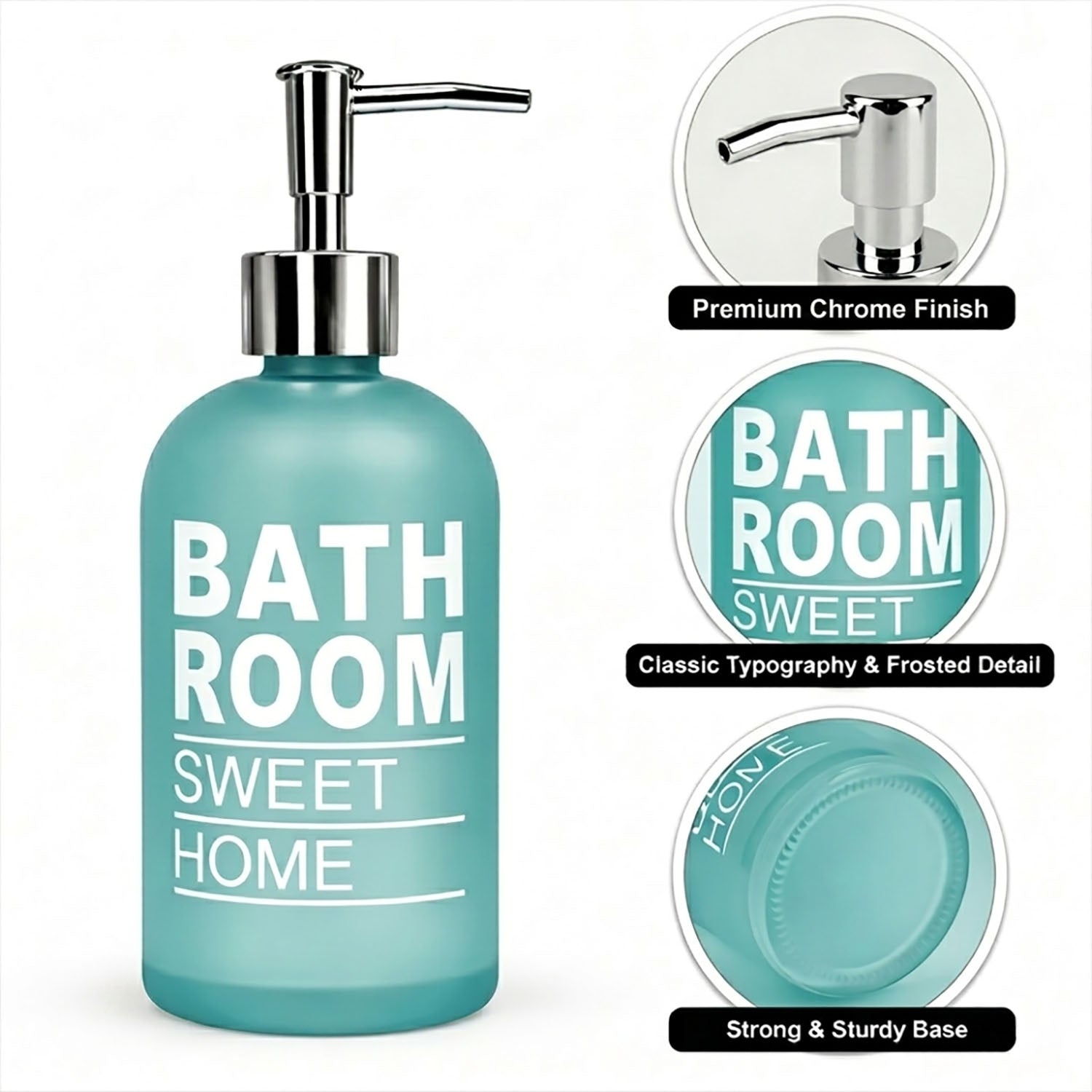 Bathroom Sweet Home Print Glass Soap Dispenser For Bathroom And Kitchen Sink ( 19.5x7.5 cm Aqua )