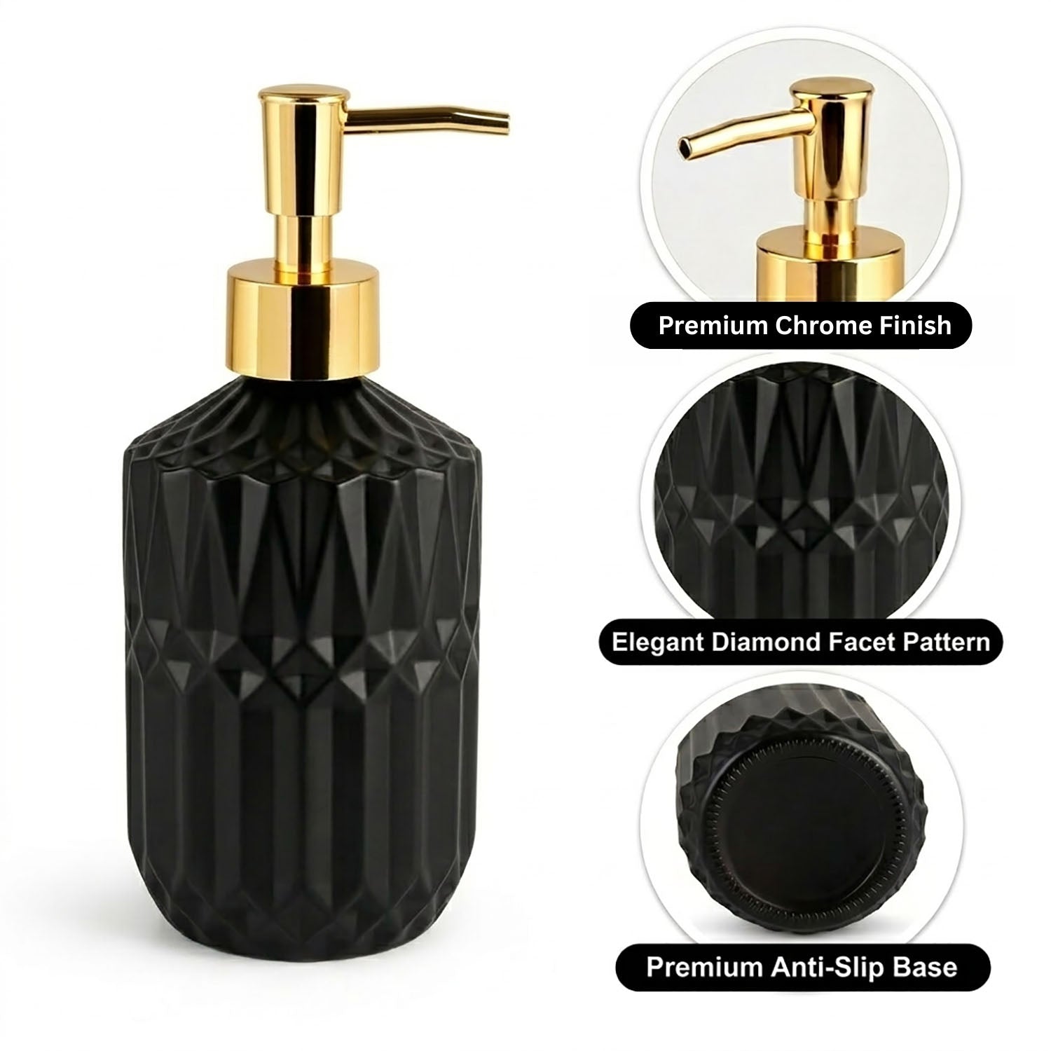 Geometric Texture Pattern Glass Soap Dispenser For Bathroom And Kitchen Sink ( 19x7.5 cm Black )