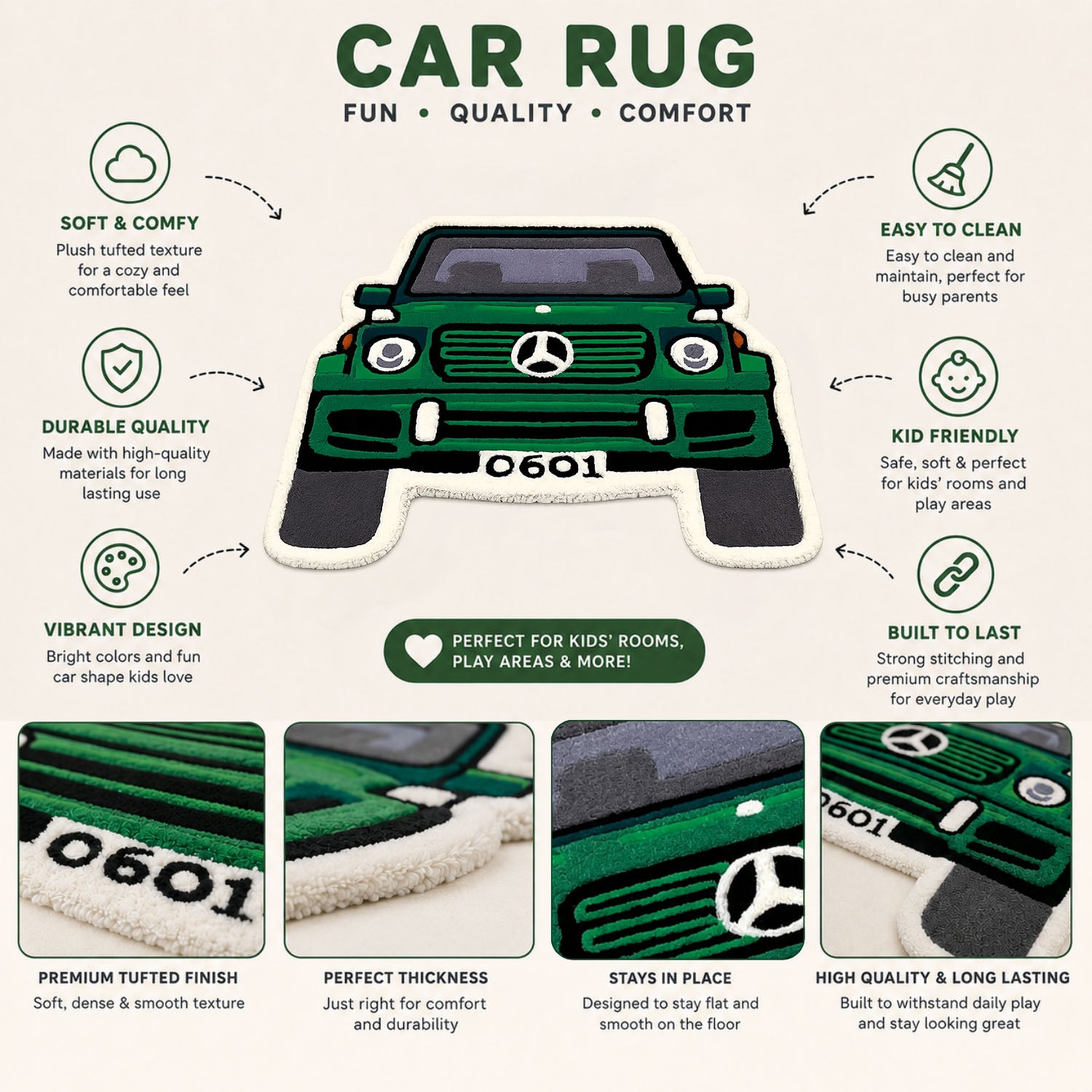 Car Shaped Tufted Wool Rug Floor Mat For Kids ( 63x68 cm , Green )
