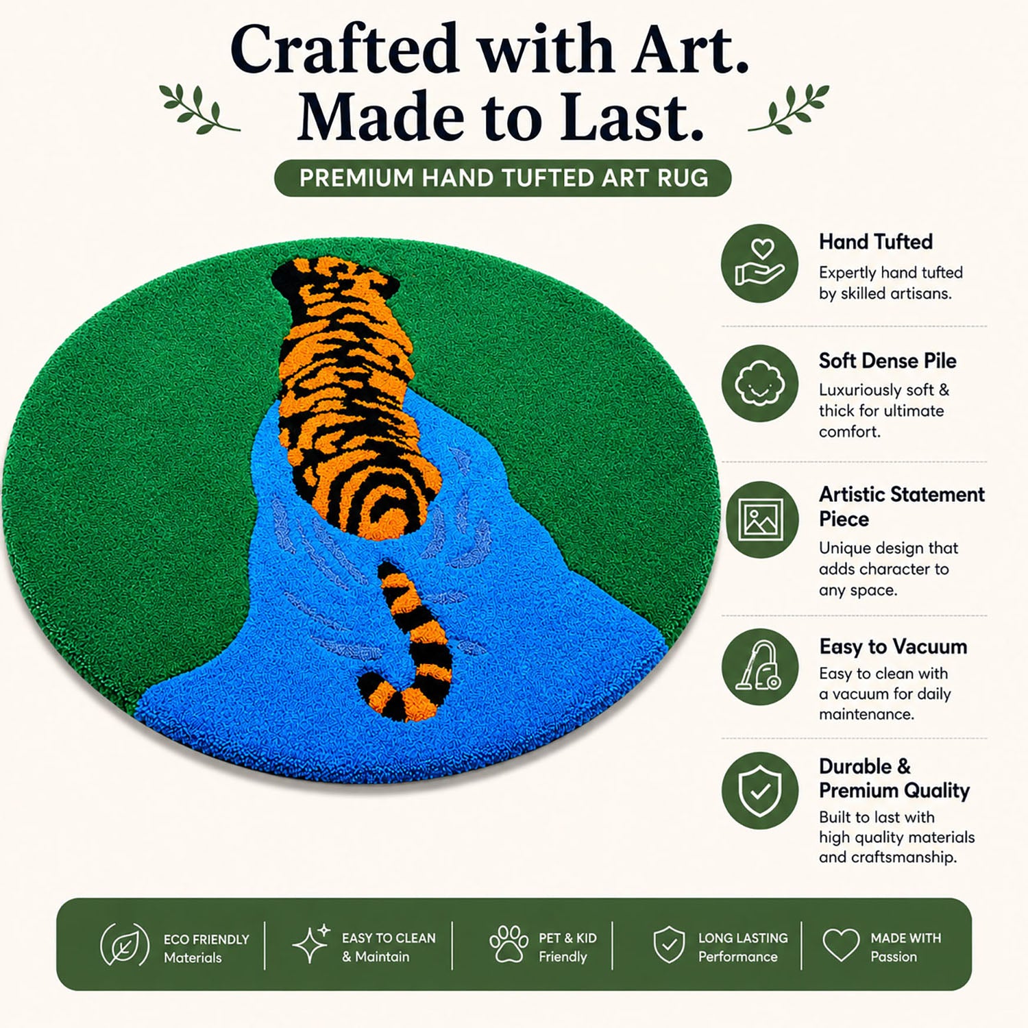 Premium Wool Tufted Tiger Pattern Rug Unique Design Mat For Room And Wall Decor Home Living Space 61x61 cm