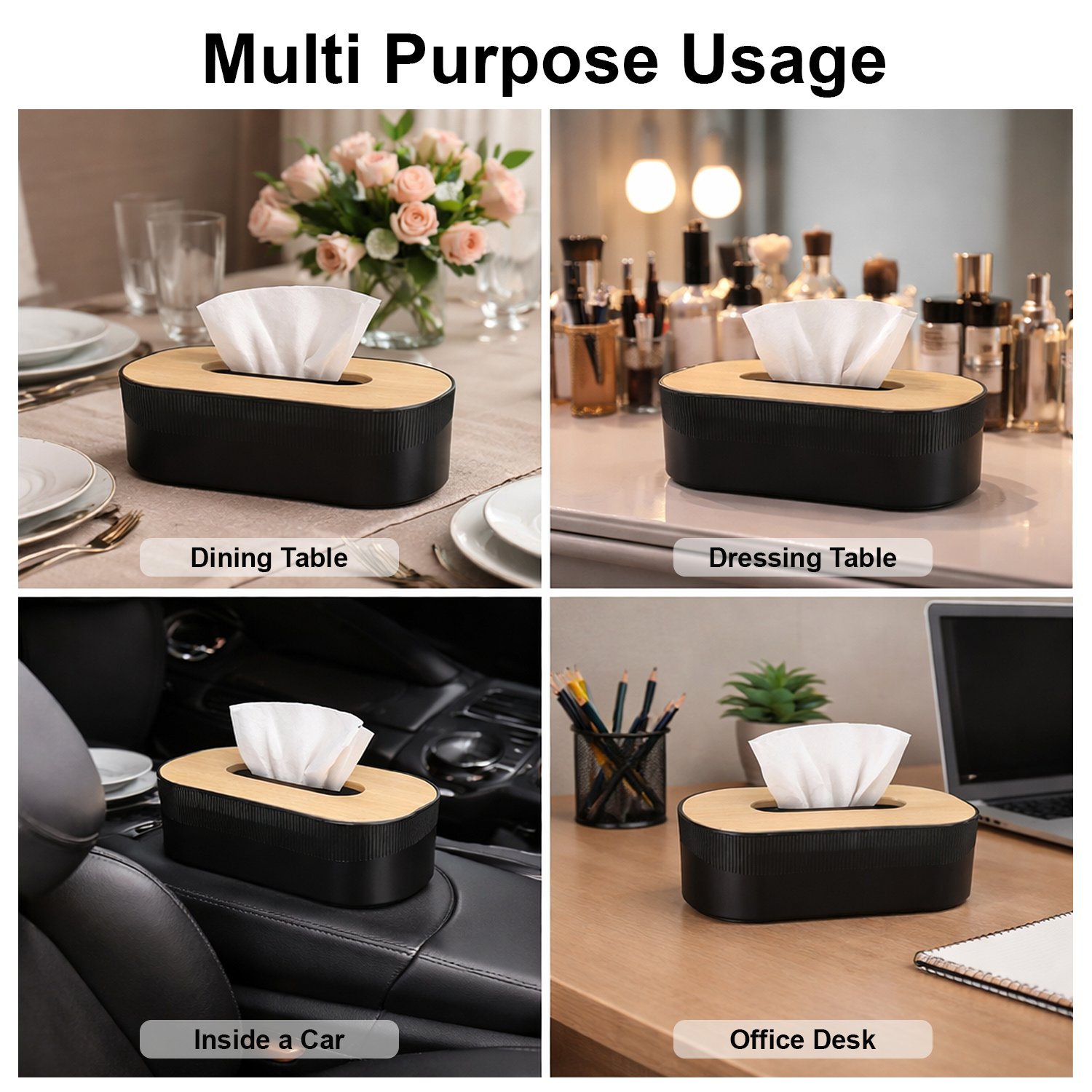Plastic Tissue Dispenser with Wooden Grain (Black, 21.5x13x7.5 cm)