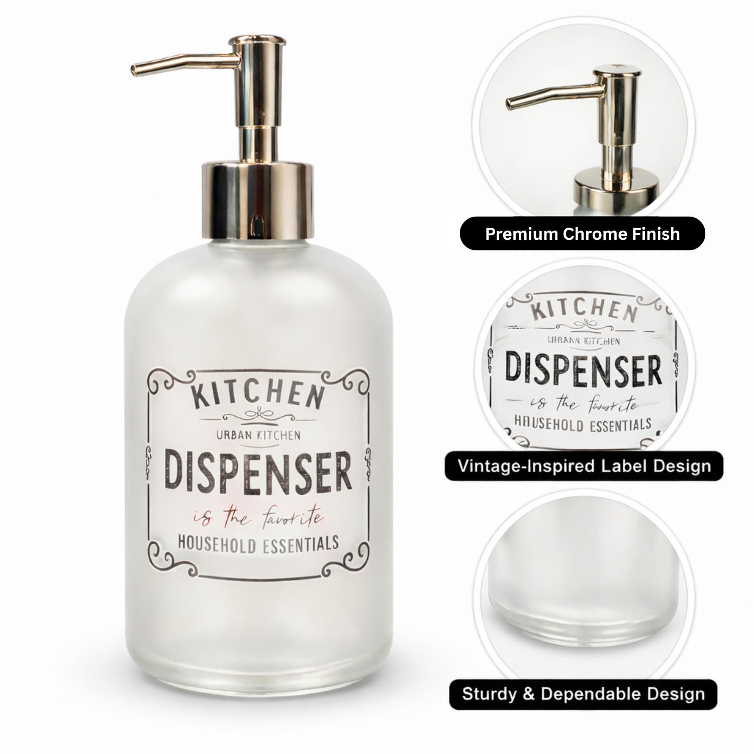 Kitchen Dispenser Print Glass Soap Dispenser For Bathroom And Kitchen Sink Leak ( 19.5x7.5 cm White )