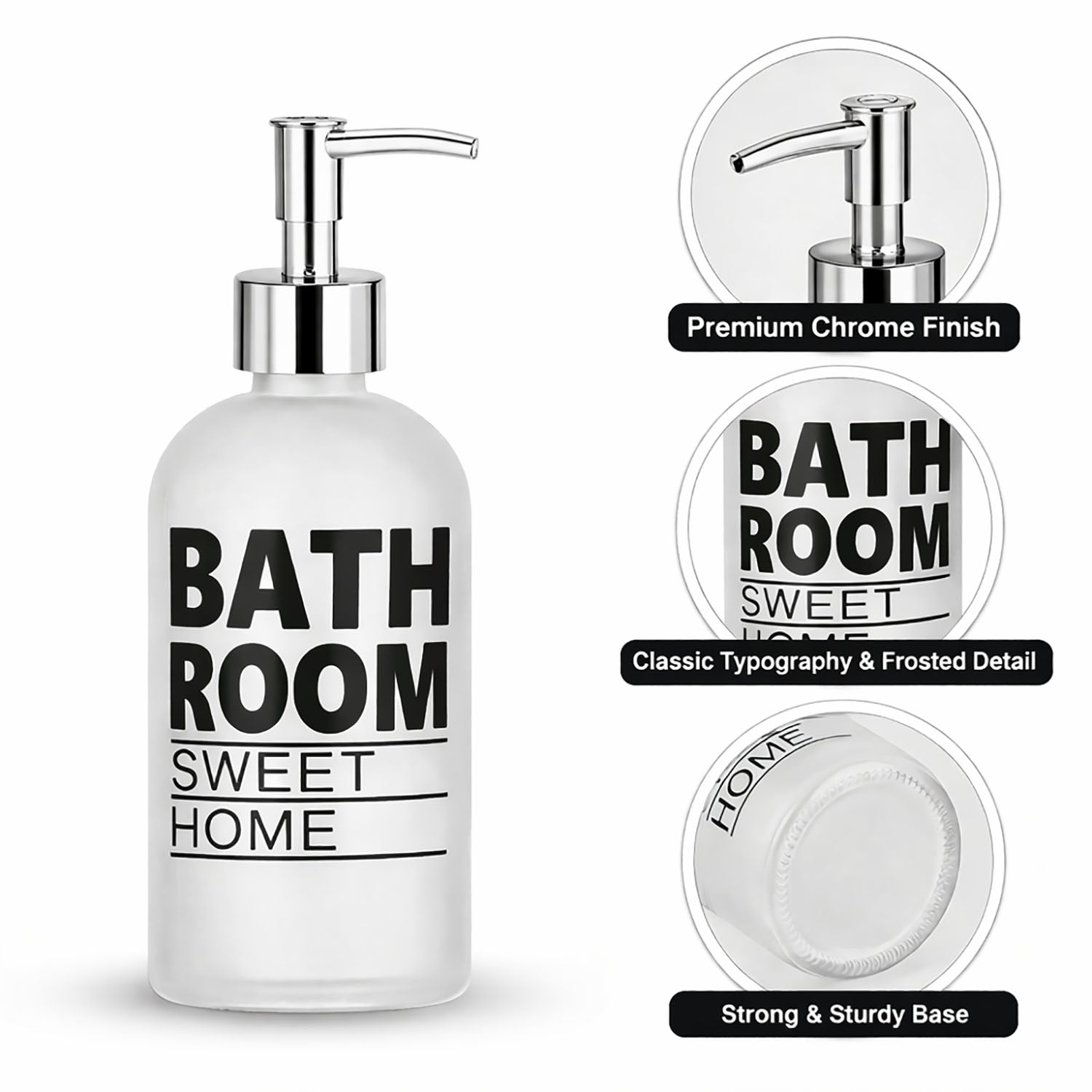 Bathroom Sweet Home Print Glass Soap Dispenser For Bathroom And Kitchen Sink ( 19.5x7.5 cm White )
