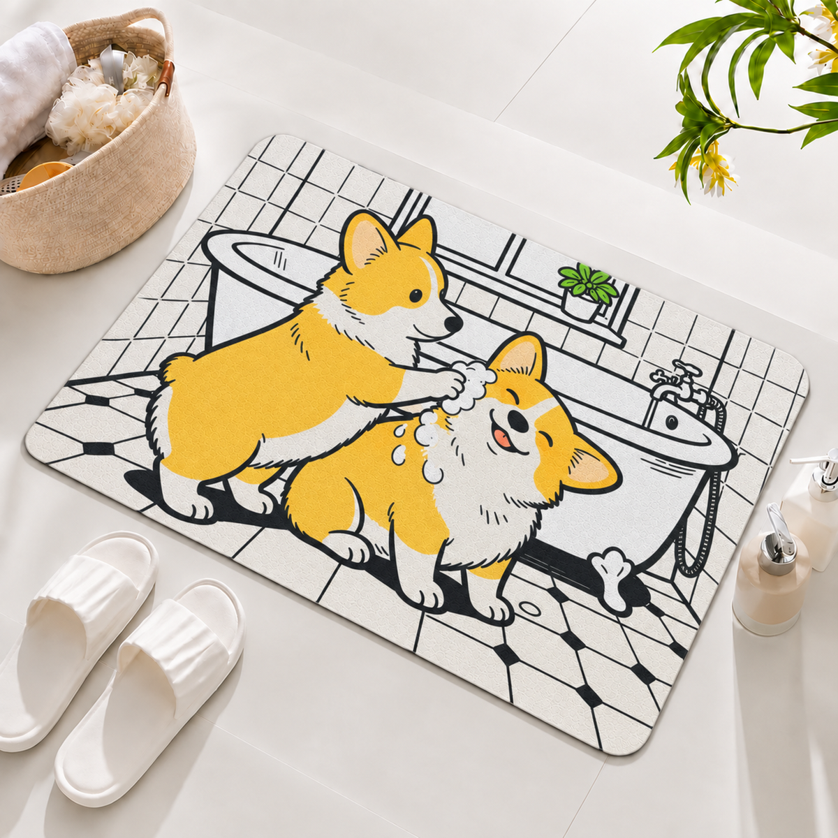 Rubber Bath Mat Anti Slip Quick Drying Soft Corgi Spa ( White & Yellow, 40x60 cm )
