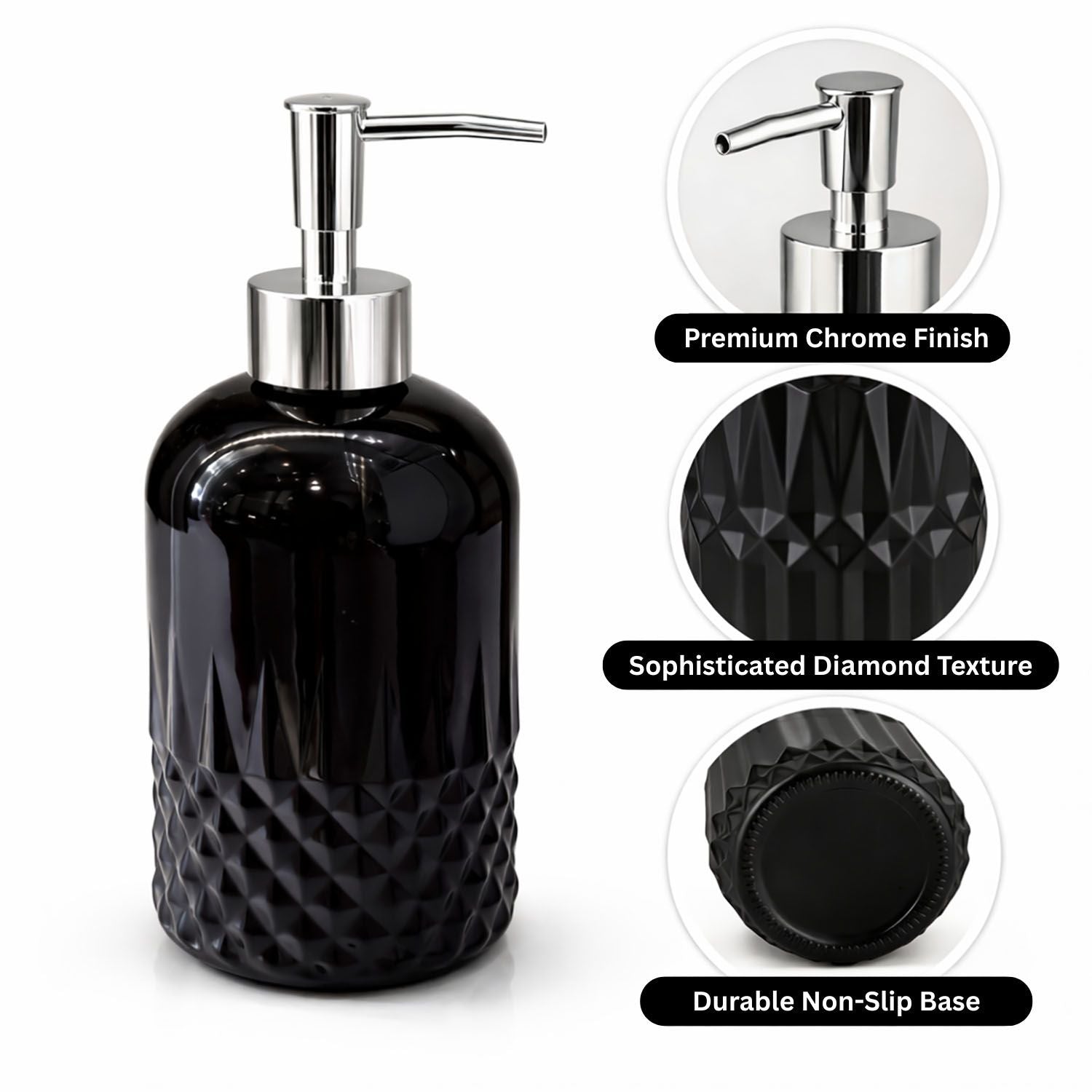 Diamond Cut Pattern Glass Soap Dispenser For Bathroom And Kitchen Sink ( 19.5x8 cm Black )