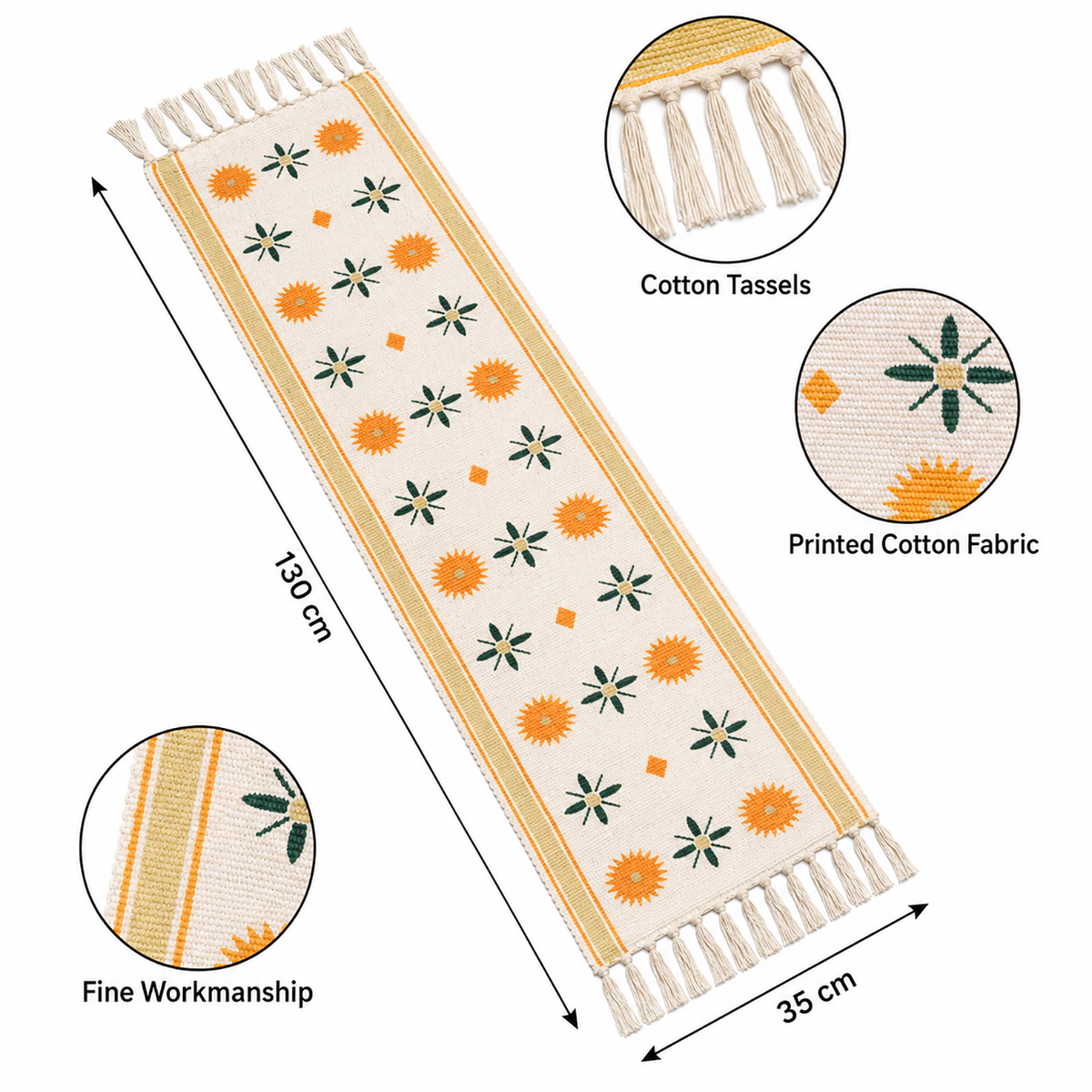 Table Runner with Tassels - Cotton 13.5 x 51 Inch, Sunburst Flower