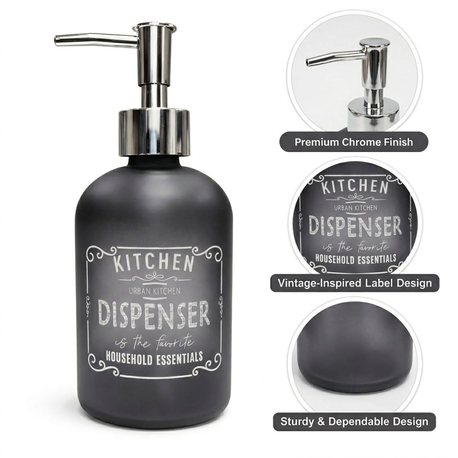 Kitchen Dispenser Print Glass Soap Dispenser For Bathroom And Kitchen Sink Leak ( 19.5x7.5 cm Black )