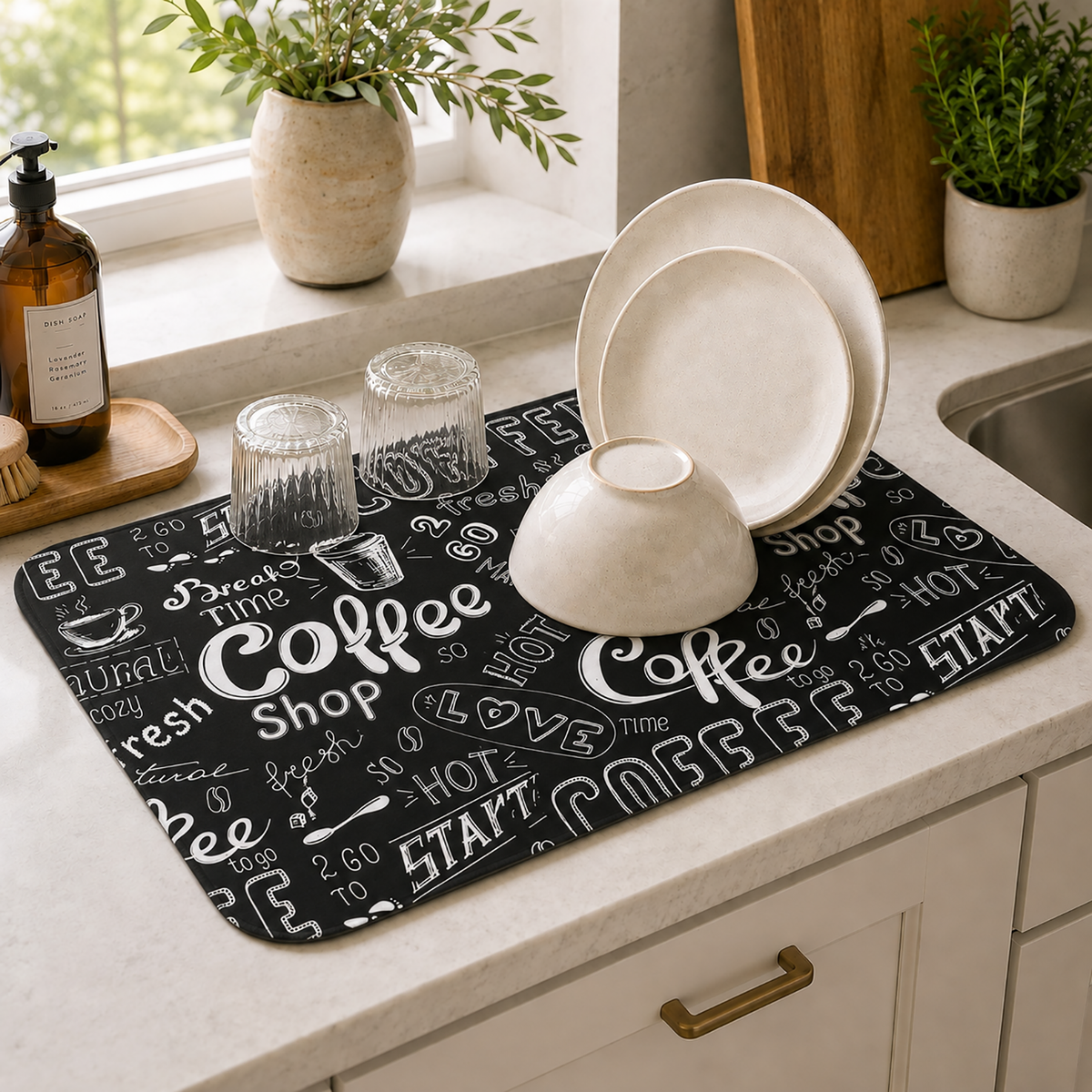 Kitchen Dish Drying Mat | Black Coffee Typography Print | 35x55 cm