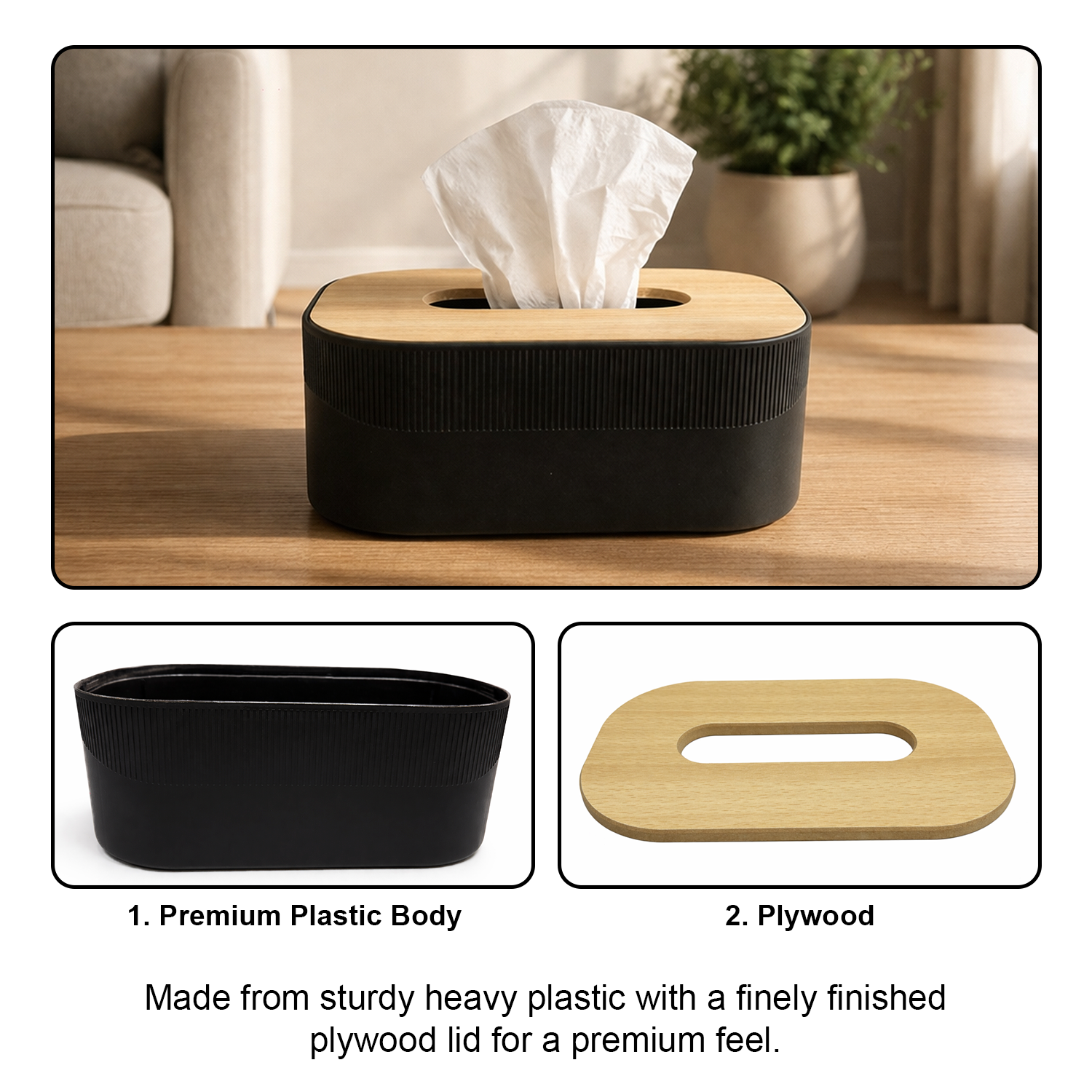 Plastic Tissue Dispenser with Wooden Grain (Black, 21.5x13x7.5 cm)