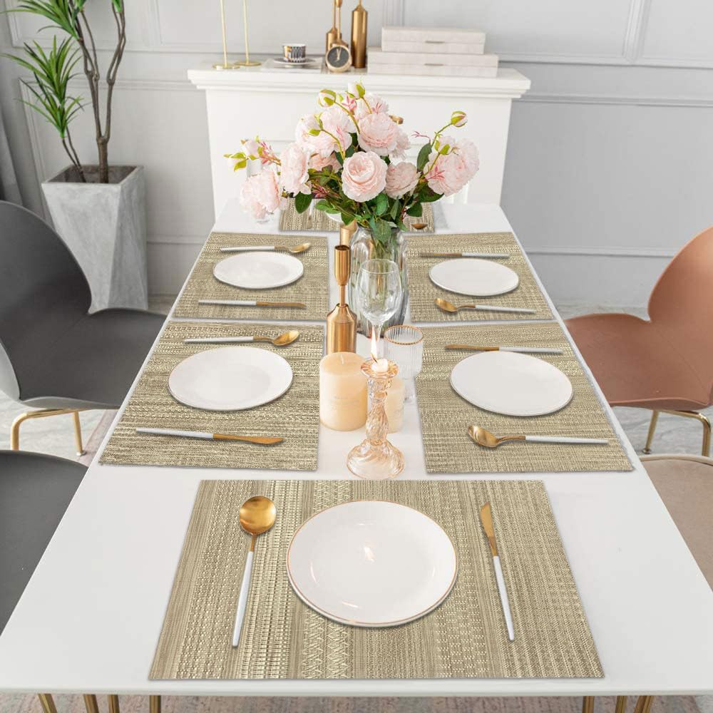 Luxe Home International PVC Vinyl Lines Design Placemat ST0562TH – Heat Resistant, Wipe Clean, Anti-Skid Table Mats for Dining Table, Kitchen & Home Decor (30x45 CM Gold Set of 6)