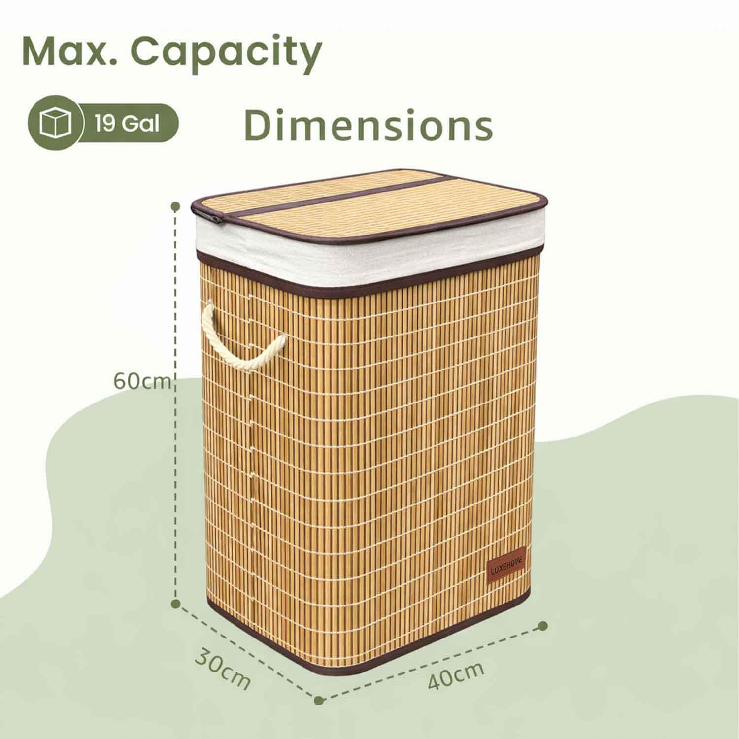 Rectangle Bamboo Laundry Basket for Clothes (Natural, 40x30x60 cm)