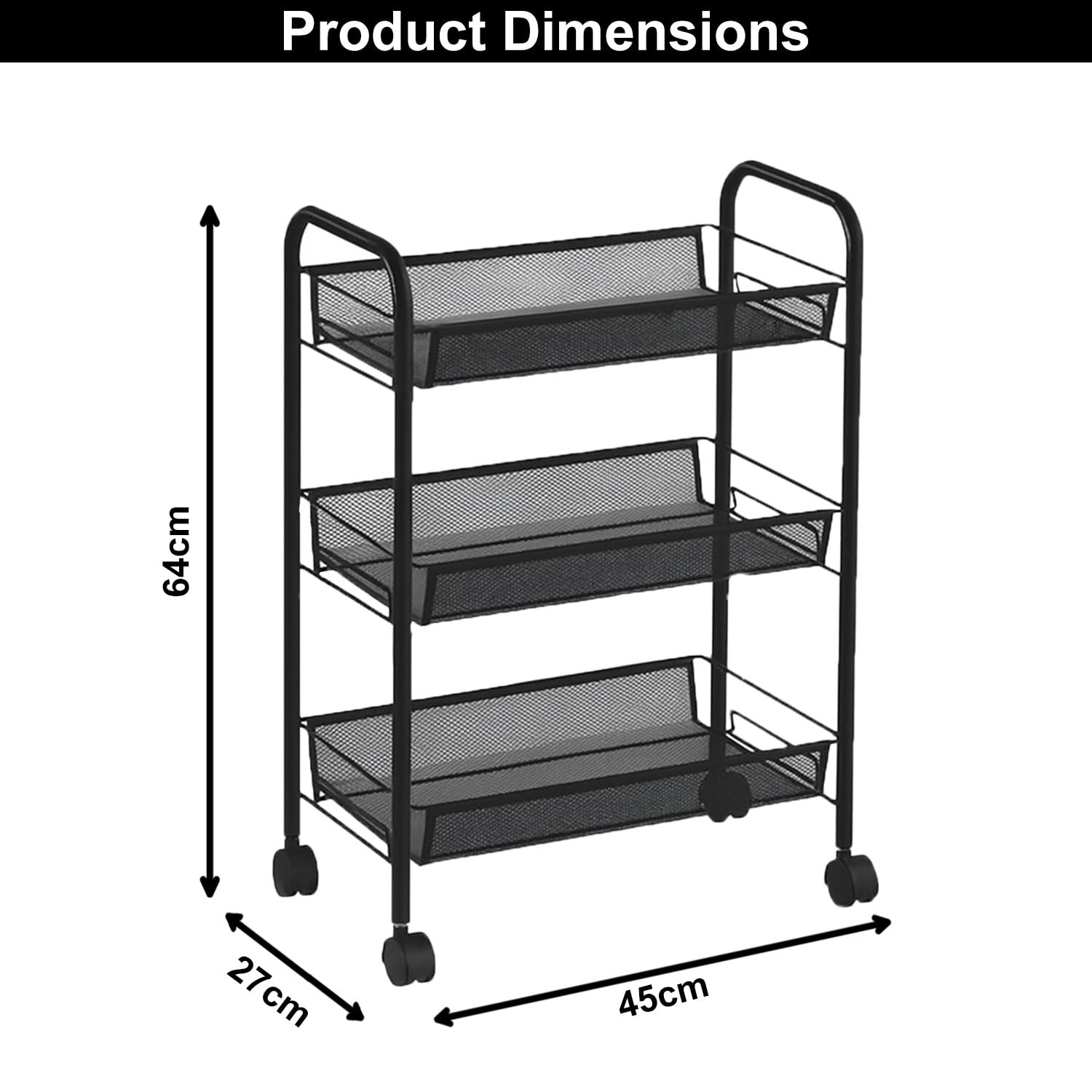 3-Tier Revolving Kitchen Trolley with Wheels (Black 45x27x64)