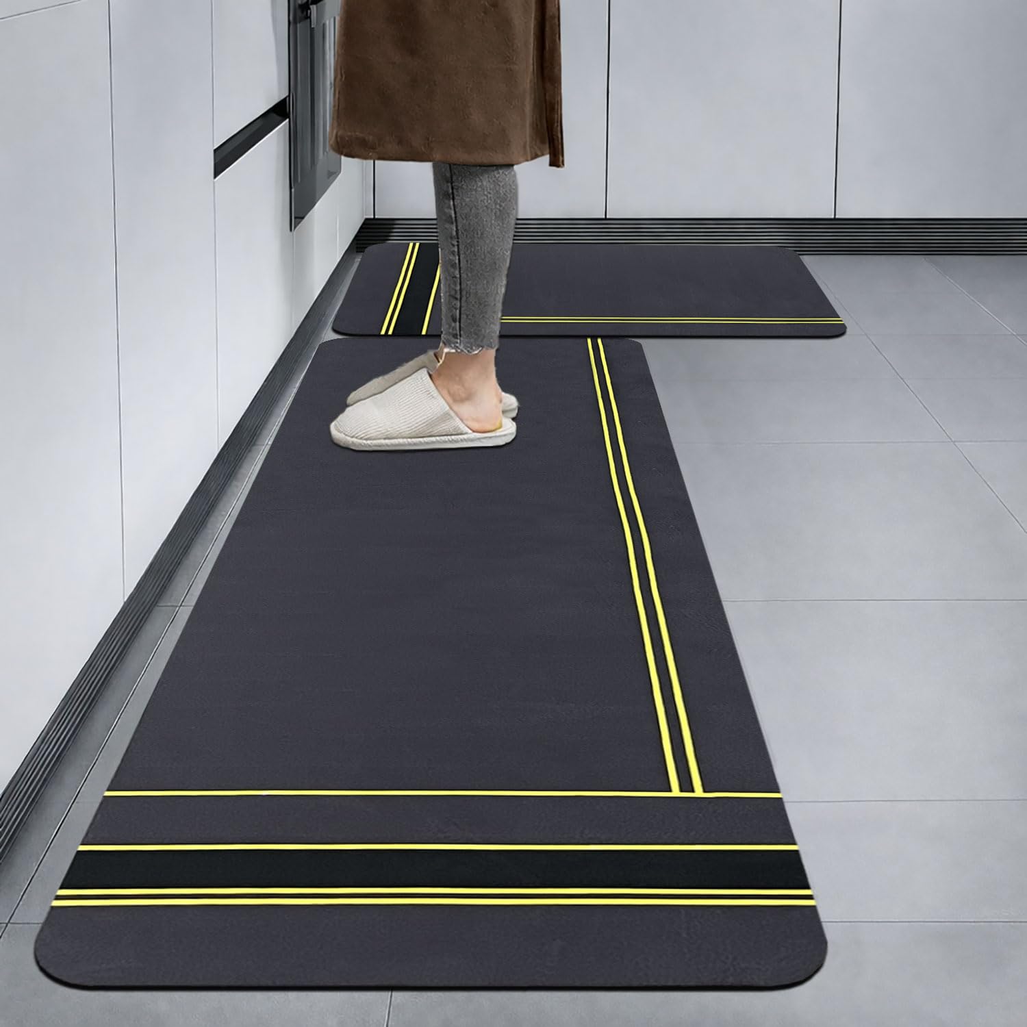 Kitchen Mat Combo Stripe Design (116x36 & 58x36 cm Grey)