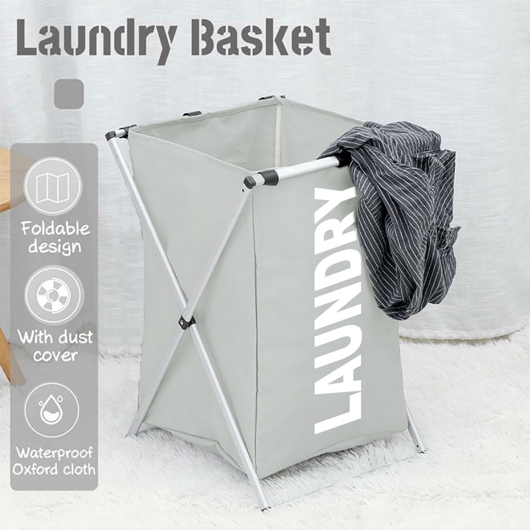 Foldable Laundry Bakset with Metal Frame (30L x 35W x 50H cm ,Gray)