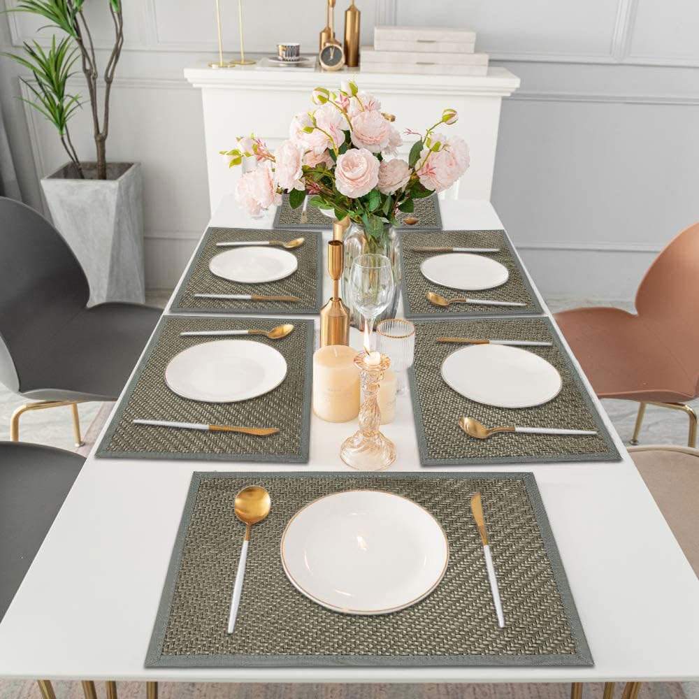Luxe Home International PVC Vinyl Basket Design Placemat STBT001 – Heat Resistant, Wipe Clean, Anti-Skid Table Mats for Dining Table, Kitchen & Home Decor (30x45 CM Grey Set of 6)