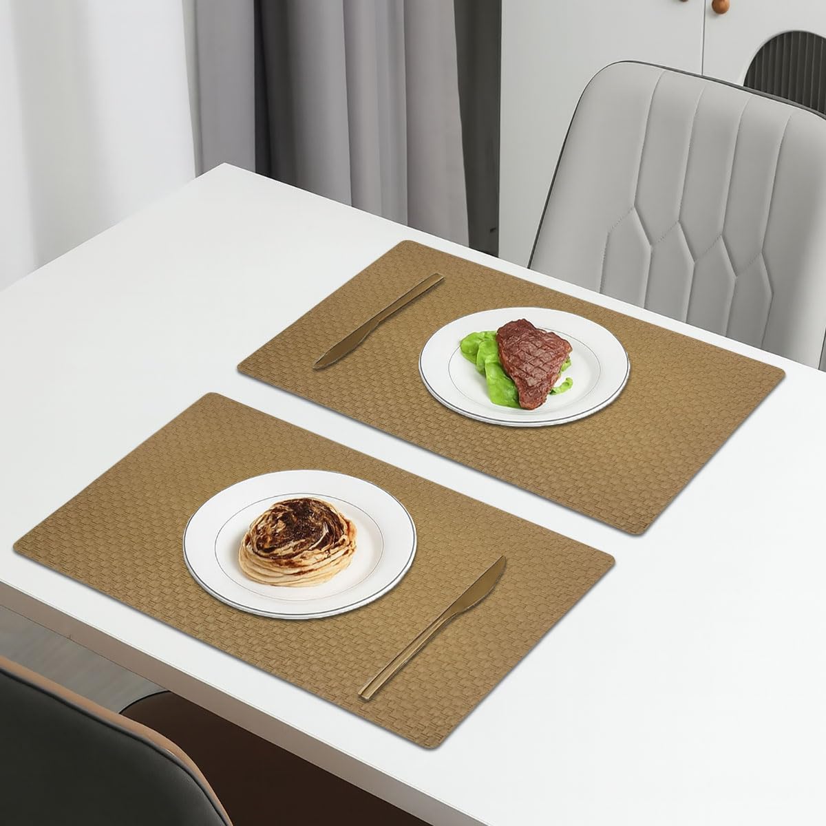 Luxe Home International PVC Vinyl Foam Design Placemat STPG127 – Heat Resistant, Wipe Clean, Anti-Skid Table Mats for Dining Table, Kitchen & Home Decor (30x45 CM Brown Set of 2)