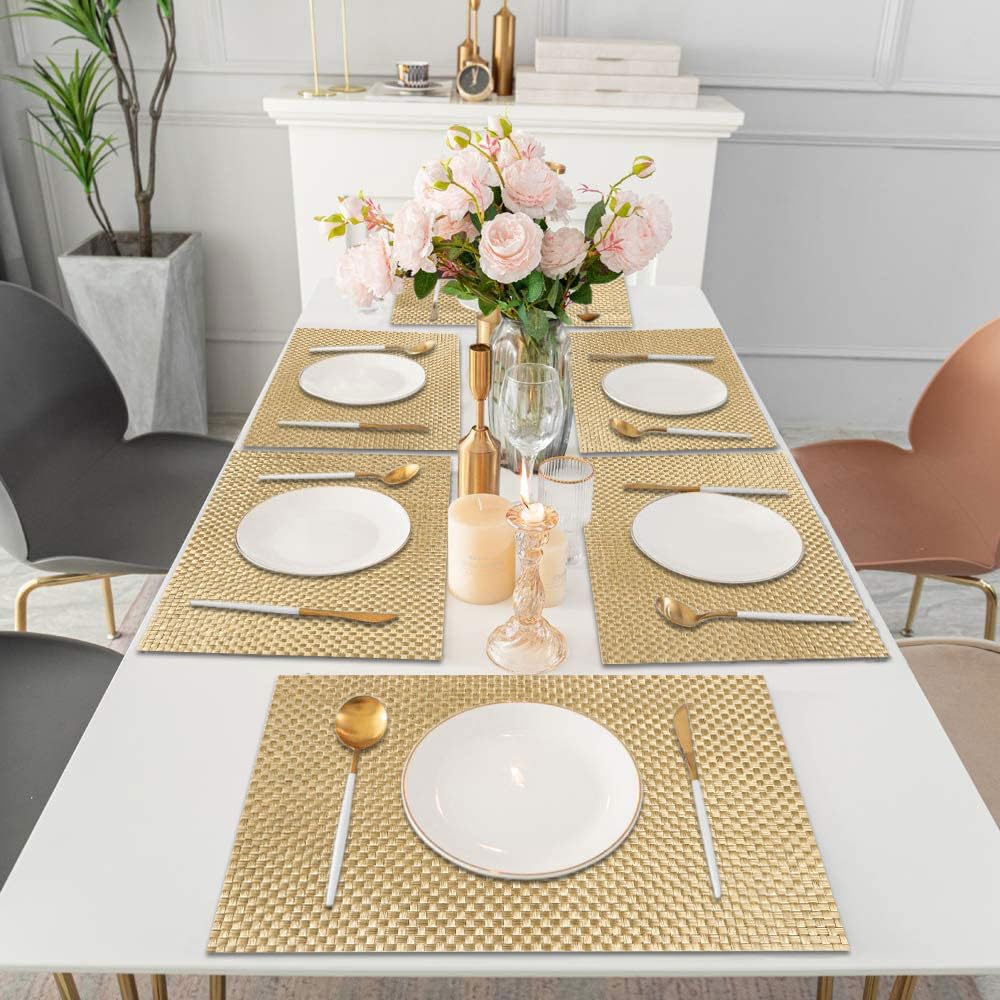 Luxe Home International PVC Vinyl Weave Design Placemat ST880064 – Heat Resistant, Wipe Clean, Anti-Skid Table Mats for Dining Table, Kitchen & Home Decor (30x45 CM Golden Set of 6)