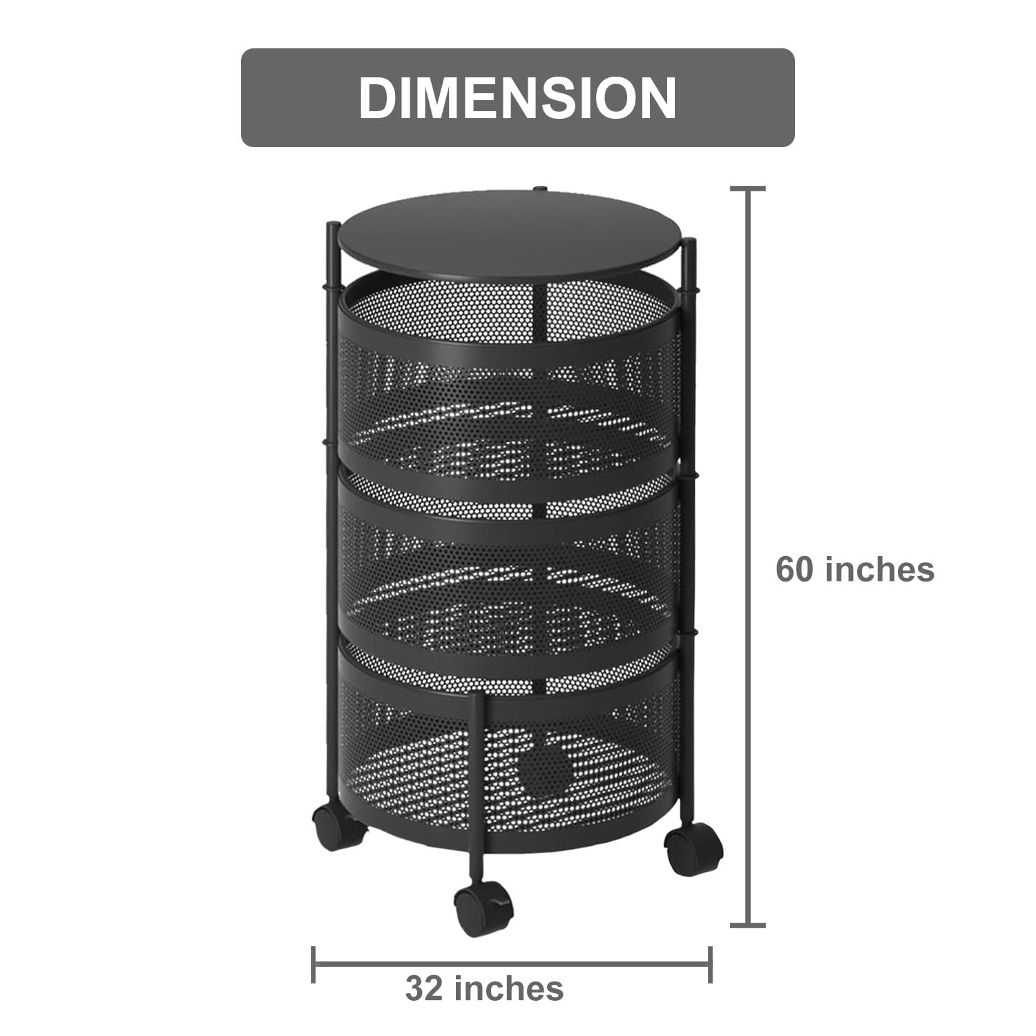 3-Tier Revolving Kitchen Trolley with Wheels (Black 32x32x60)